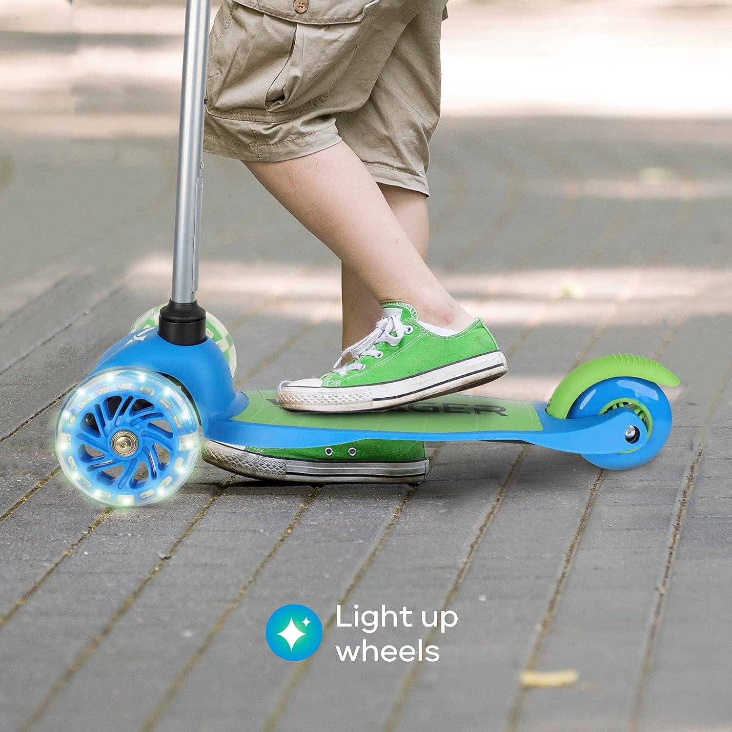 Voyager 3 Wheel Kick Scooter with Light Up Wheels and Tbar - Green