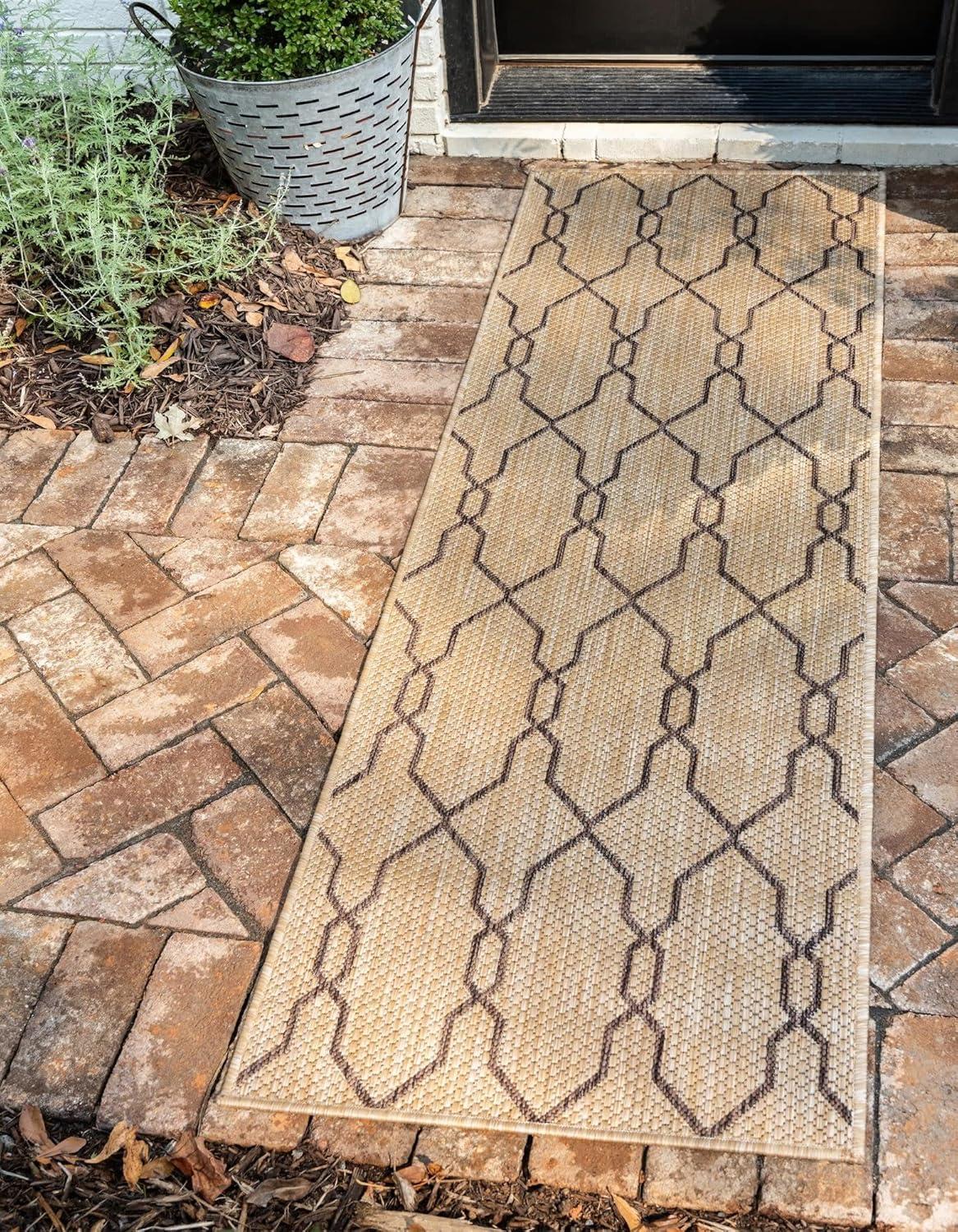 Coastal Charm Tan & Brown Trellis Synthetic Outdoor Runner