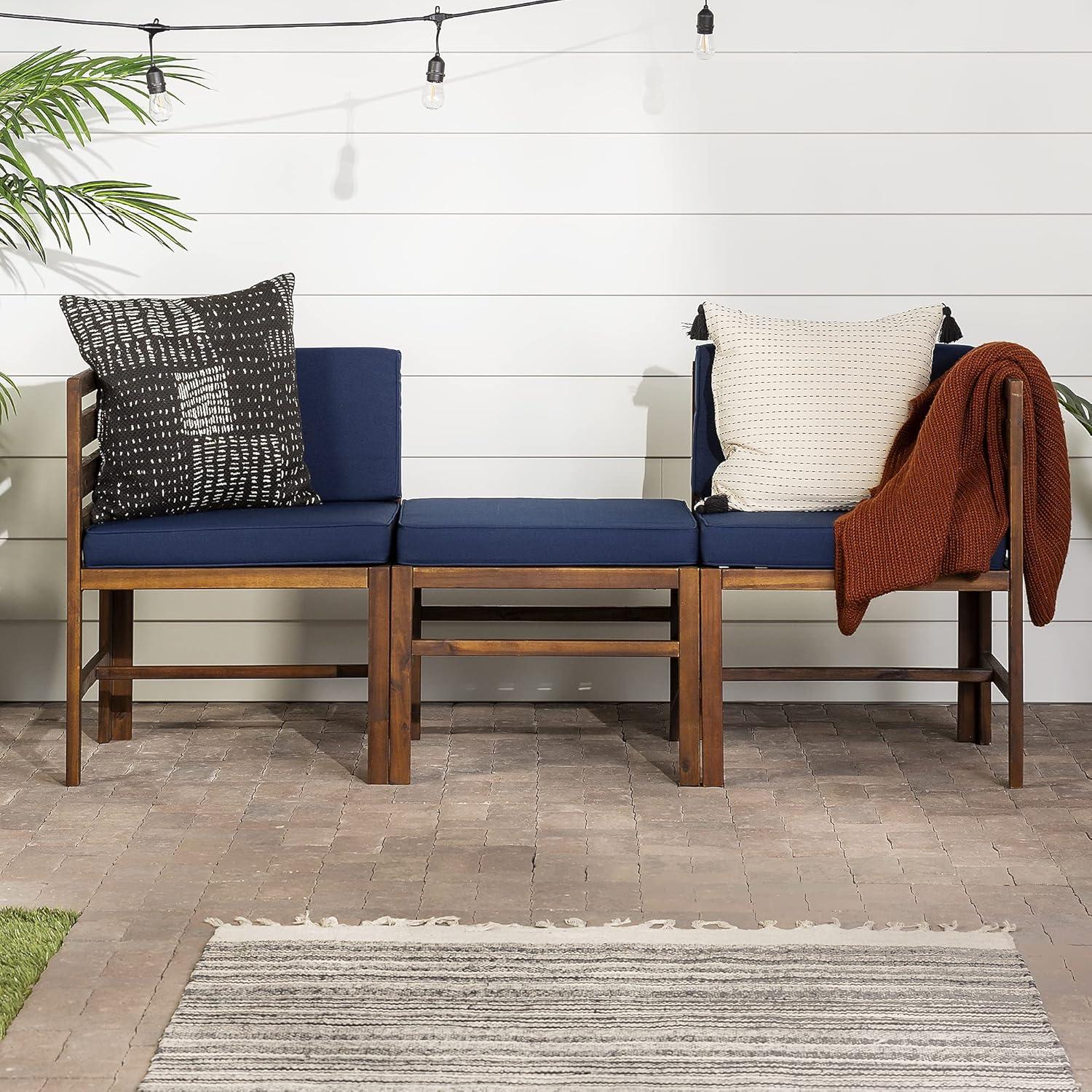 Sanibel Acacia Wood Outdoor Arm Chairs and Ottoman Set - Dark Brown/Navy