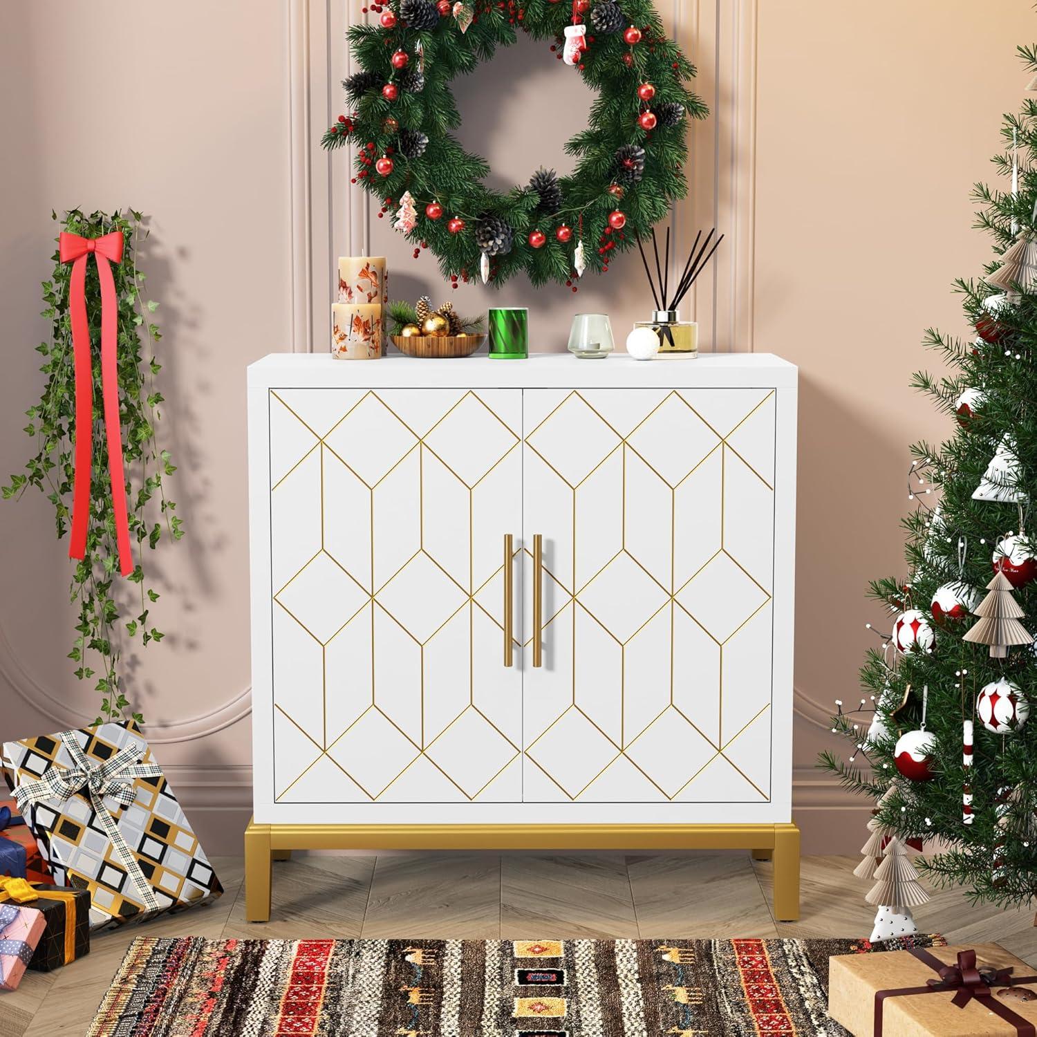 White and Gold Geometric Wooden Accent Cabinet