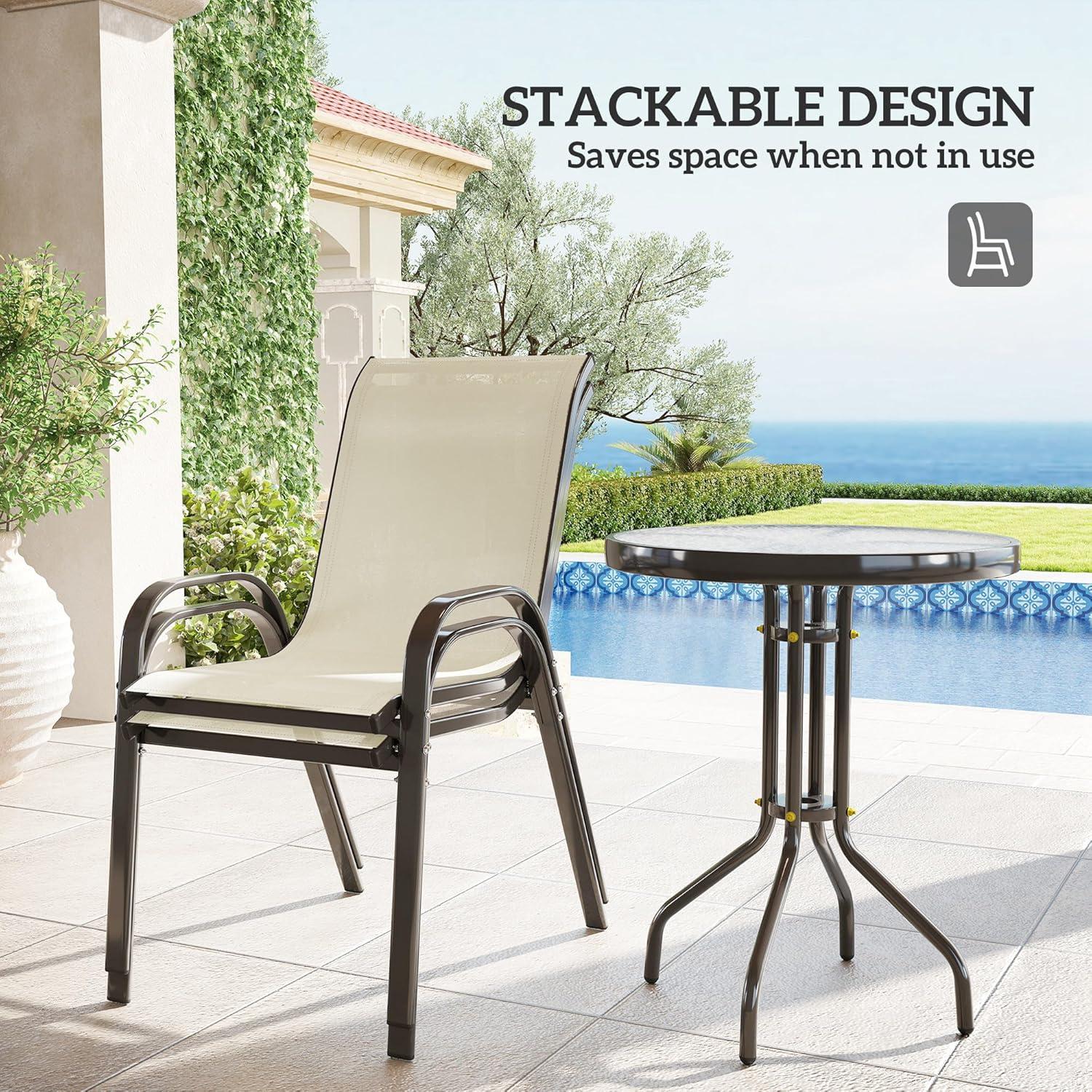 Outsunny 3 Pieces Outdoor Bistro Set, Patio Furniture with Stackable Chairs and Glass Table, High Back Small Patio Set for Balcony, Porch, Beige