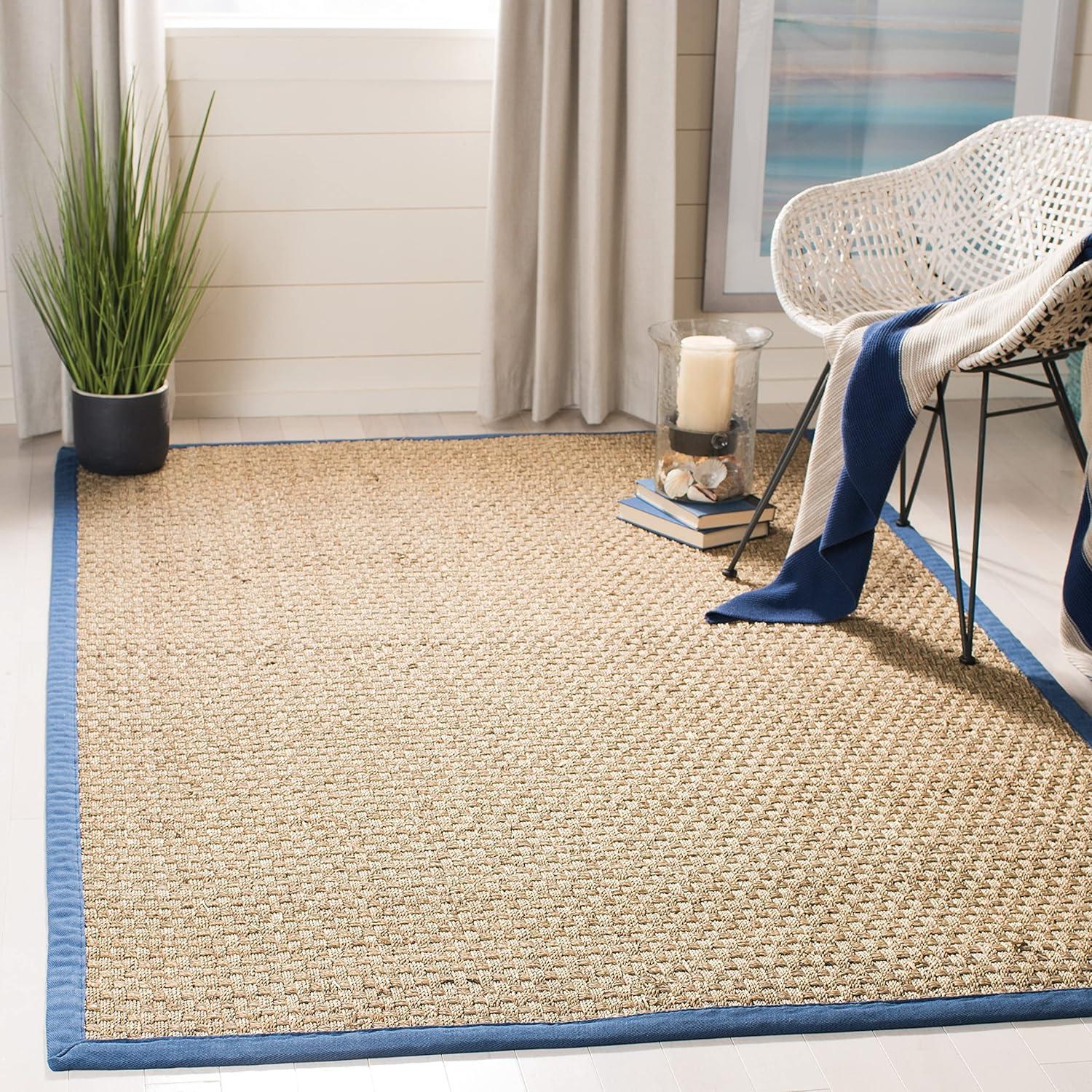 SAFAVIEH Natural Fiber Arbor Bordered Area Rug, Natural/Navy, 9' x 12'