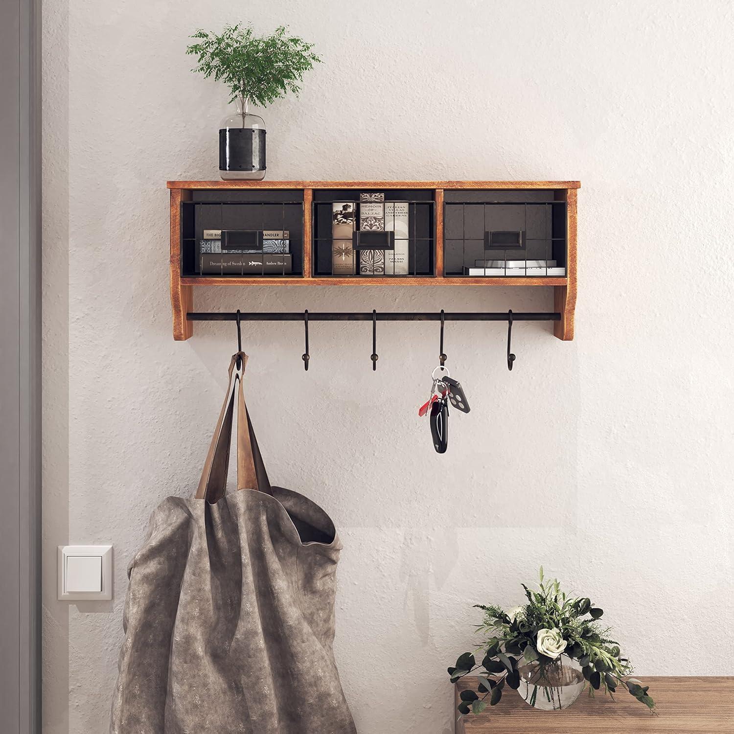 Rustic Brown 24" Wall Mounted Shelf with Hooks and Baskets