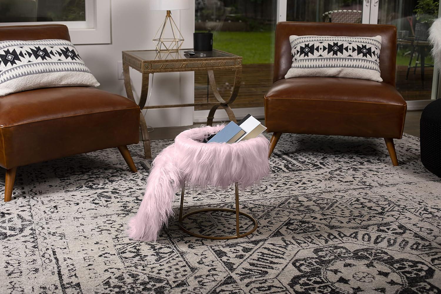 BirdRock Home Round Pink Faux Fur Foot Stool Storage Ottoman with Pale Gold Legs