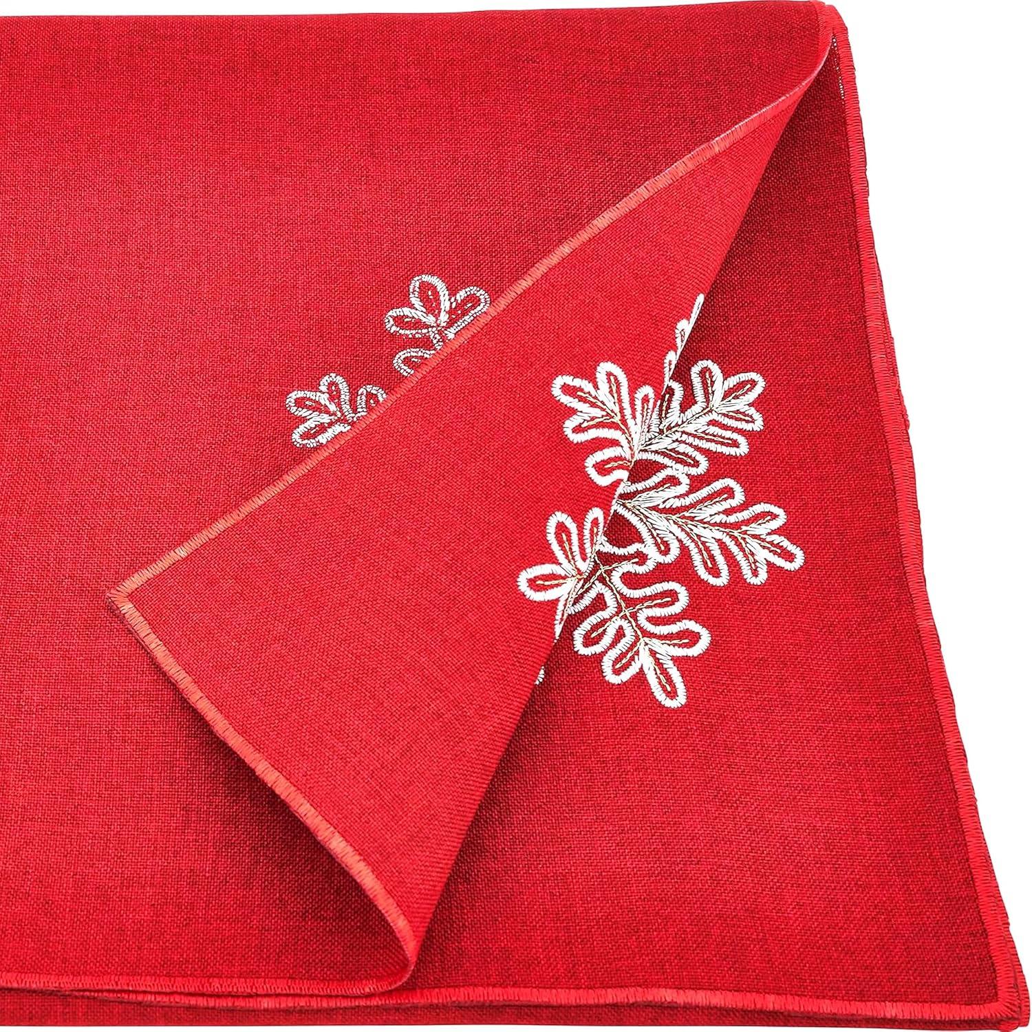 Red Embroidered Snowflake Polyester Holiday Table Runner