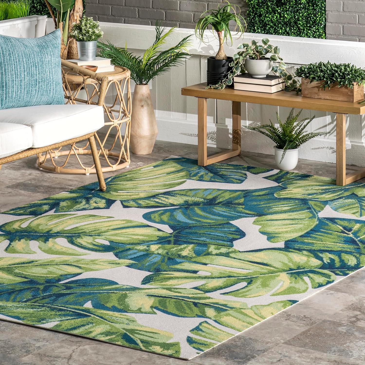 Tropical Leaf Design Reversible Indoor/Outdoor Blue Runner Rug, 2'6" x 10'