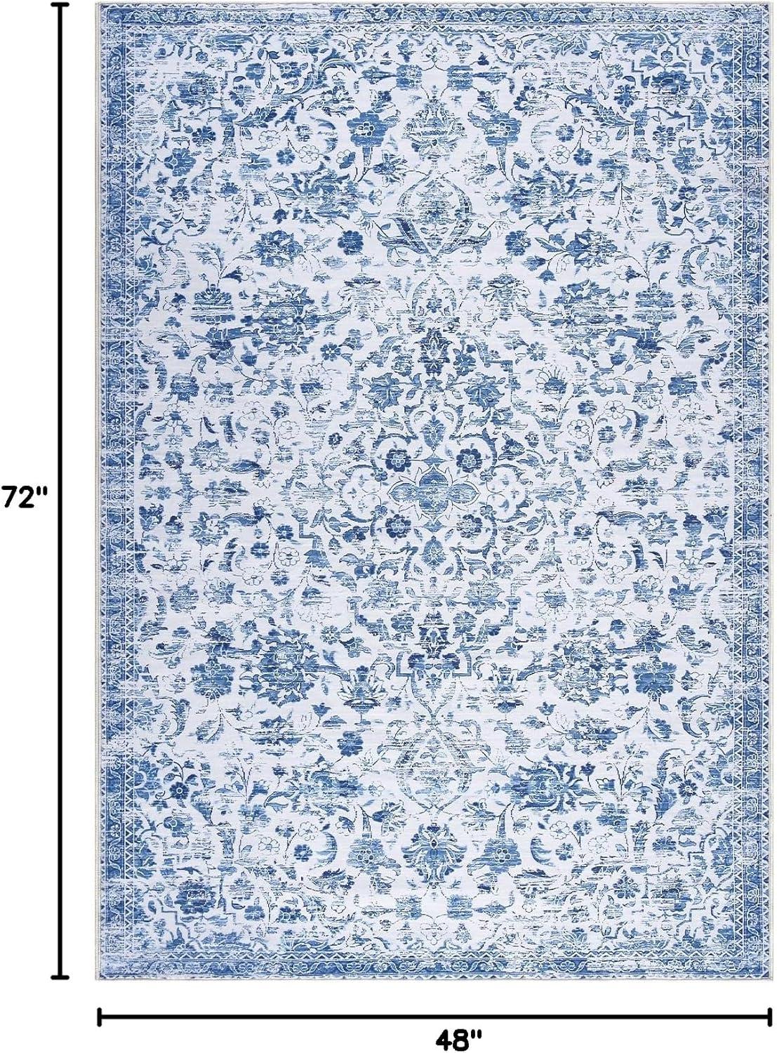 Hasoo Vintage Floral Area Rug 4' x 6' Blue Multi Flodable Floral Print Distressed Non Slip Indoor Rug for Living Room Bathroom Kitchen Bedroom