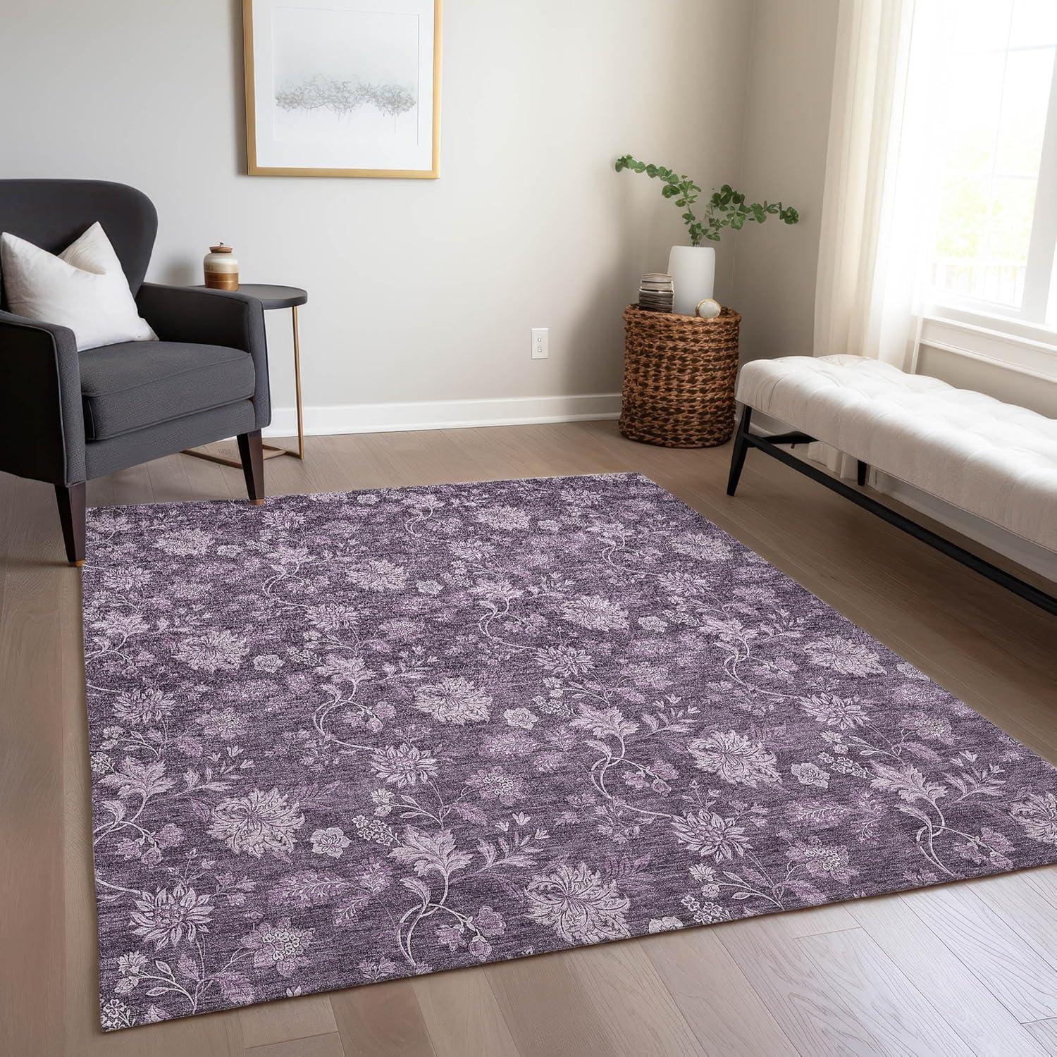 Plum Floral Rectangular Synthetic Indoor/Outdoor Area Rug