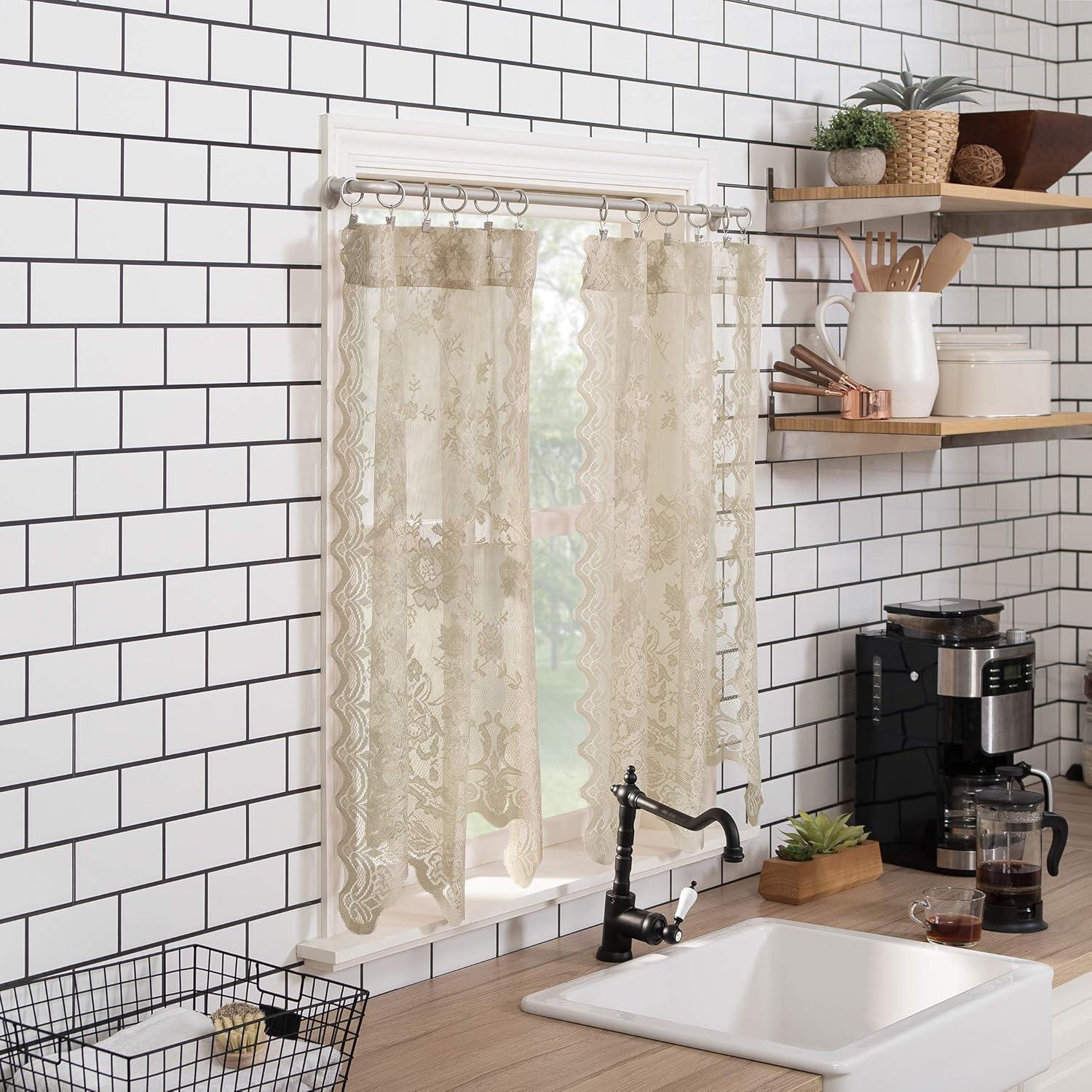 2pc 58"x24" No. 918 Sheer Alison Floral Lace Rod Pocket Kitchen Curtain Tier Pair Beige: Kitchen Window Curtains