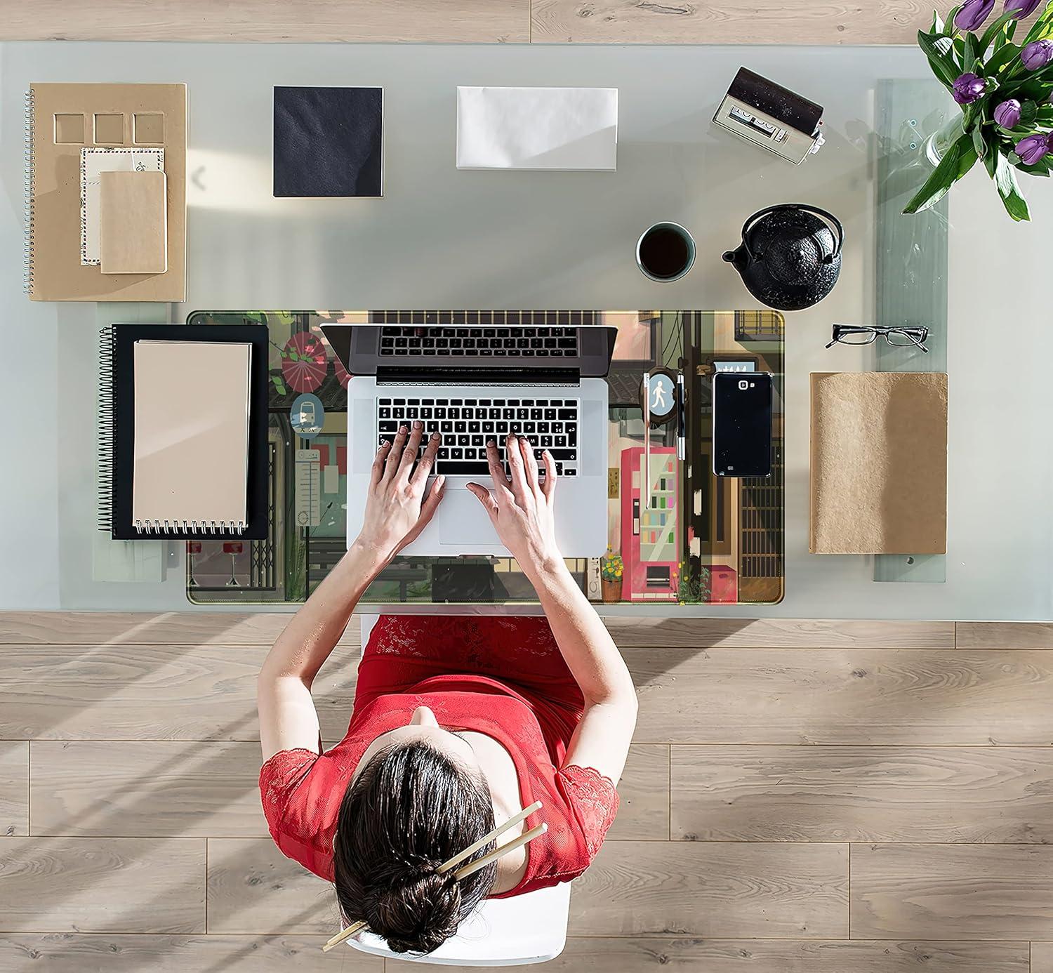 Cat Cafe Desk Mat Cute Anime Mouse Pads, Kawaii Desk Pad Large Gaming Mousepad XXL 31.5x15.75 in, Japanese Street Aesthetic Keyboard Mat Pad, Laptop Computer Desktop Decor Mat for Women Office