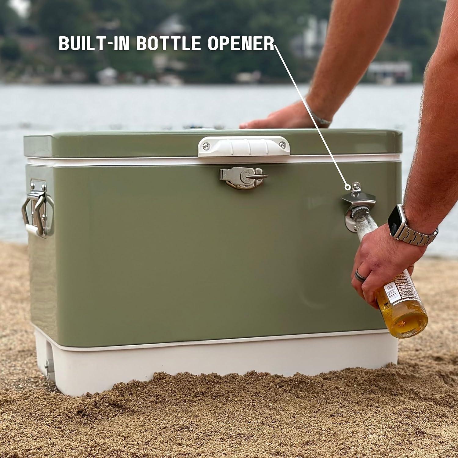 FSE Hard-Sided 80 Can/54 Qt. Two Tone Retro Metal Cooler, Holds 80 Beverage Cans, Metal Construction with Plastic Lining, Green/Cream