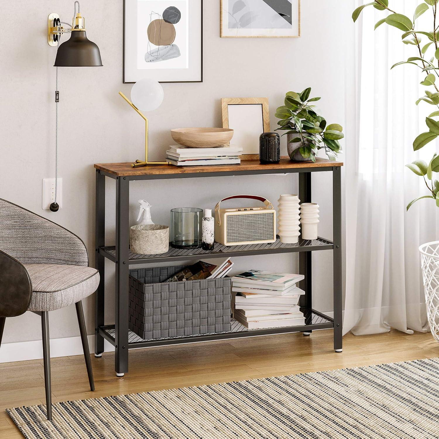 Console Table, 40" Entryway Table with Storage Shelf for Storing Shoe, Flowers, 3 Tier Narrow Sofa Table, Rustic Brown and Black