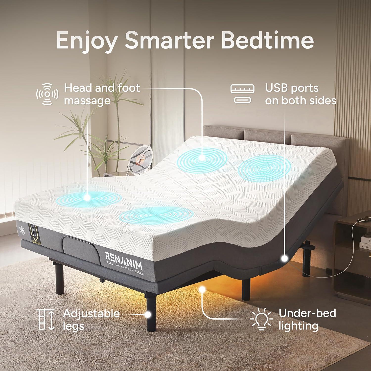 Renanim Serenityflex Adjustable Base & Hybrid Mattress – Split King-Size Adjustable Base with 12 in. Cooling Gel Mattress, Massage, USB Ports, Remote & Under-Bed Light – Reclining Electric Bed Frame