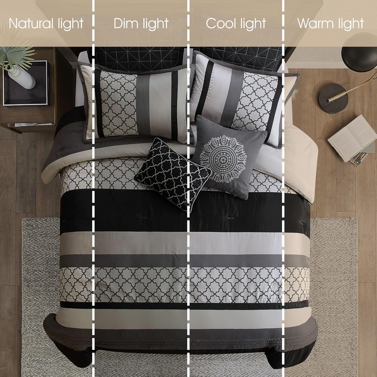 Nanshing Avalon 8 Piece Trellis Moroccan Print Comforter Set, Black/Grey, King