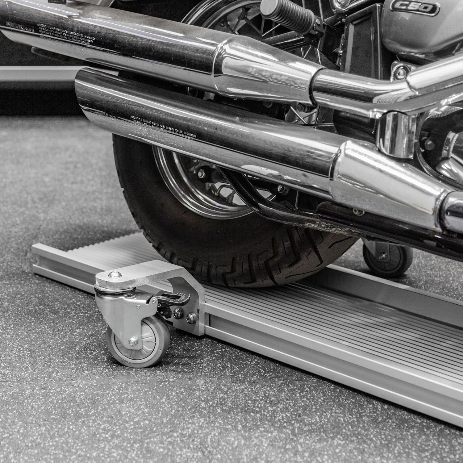 Black Widow Motorcycle Dolly with Fully Adjustable Kickstand Plate Locking Casters with Ride-On Load and Ride-Off Unload without Use of Ramp or Lever