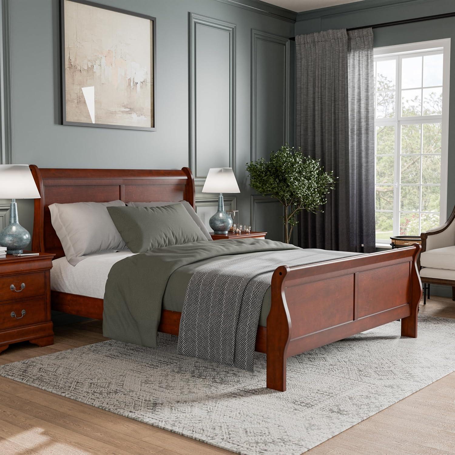 Cherry Wood Queen Sleigh Bed with Headboard and Footboard