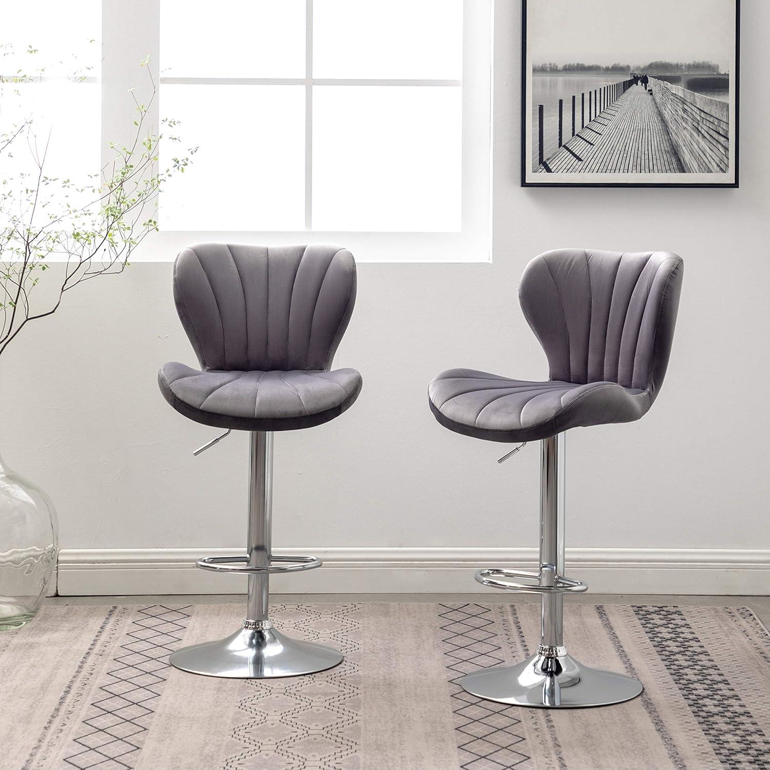 Gray Velvet Adjustable Swivel Barstools with Chrome Base, Set of 2