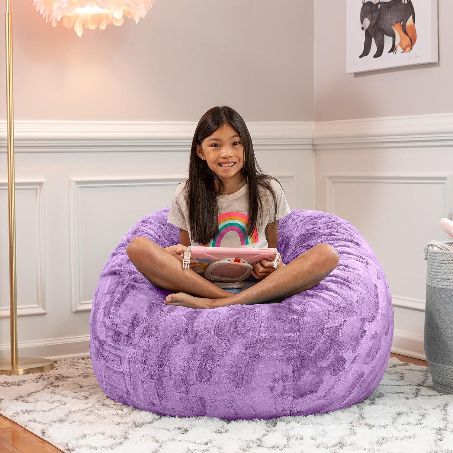 Bellflower Purple Faux Fur Kids Bean Bag Chair with Removable Cover