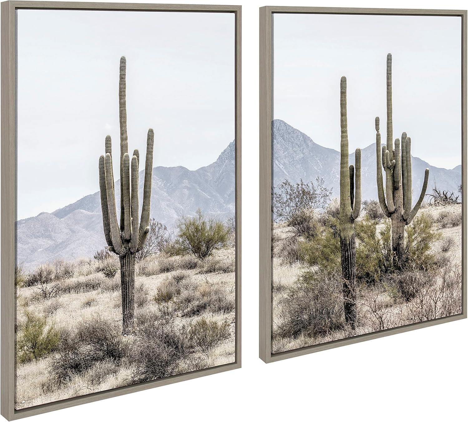 Tall Saguaro Cacti Desert Mountain Gray Canvas Wall Art Set