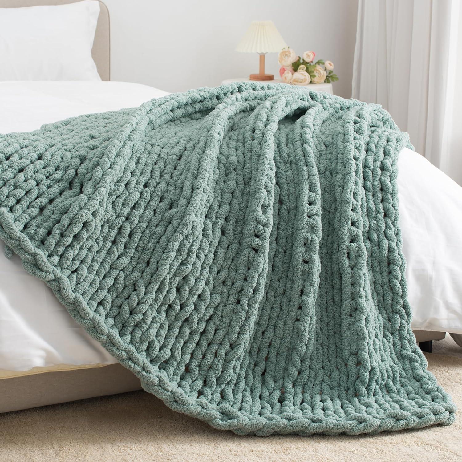 Sage Green Chunky Knit Chenille Throw Blanket 50" x 60"