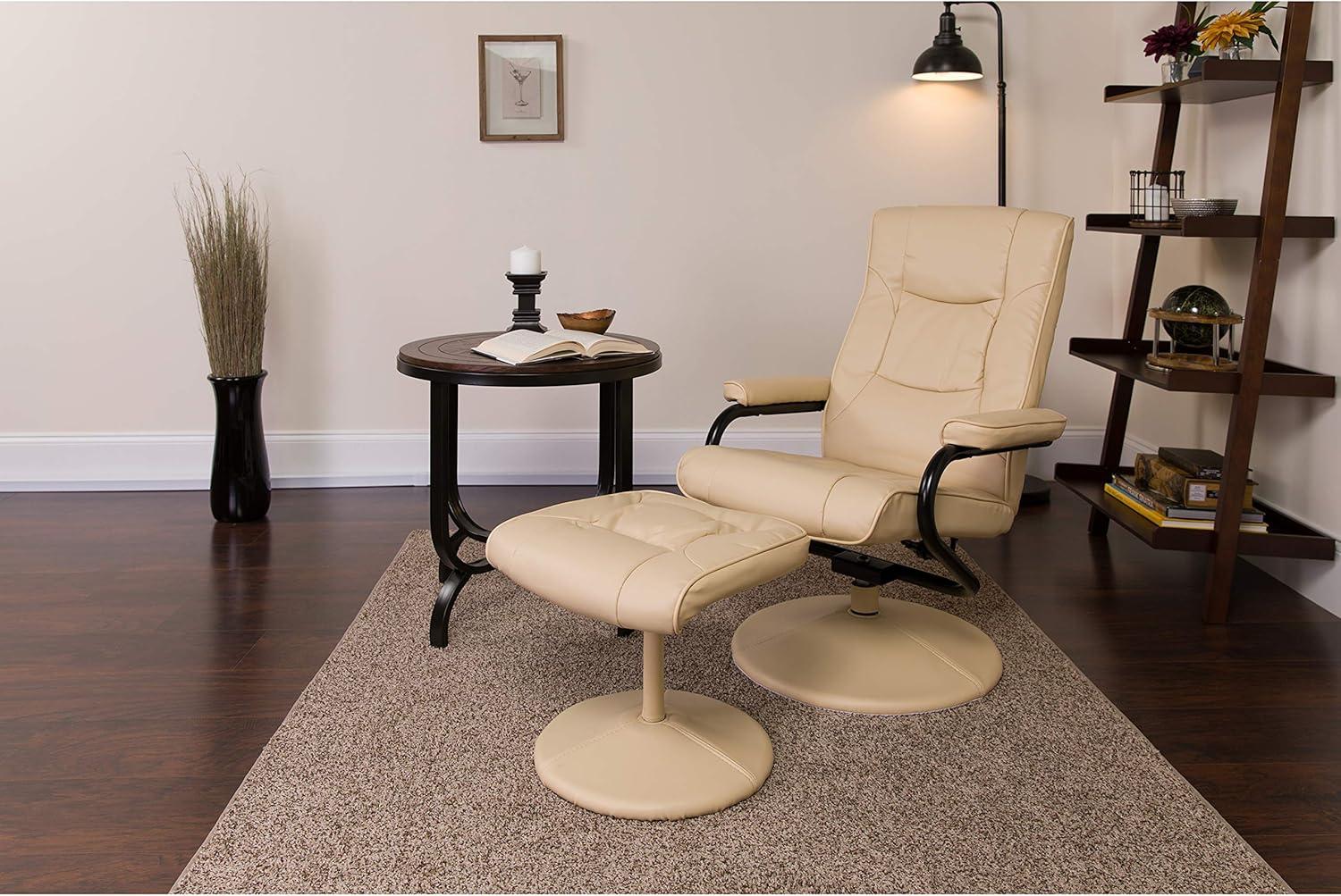 Cream Leather Swivel Recliner with Ottoman and Metal Base