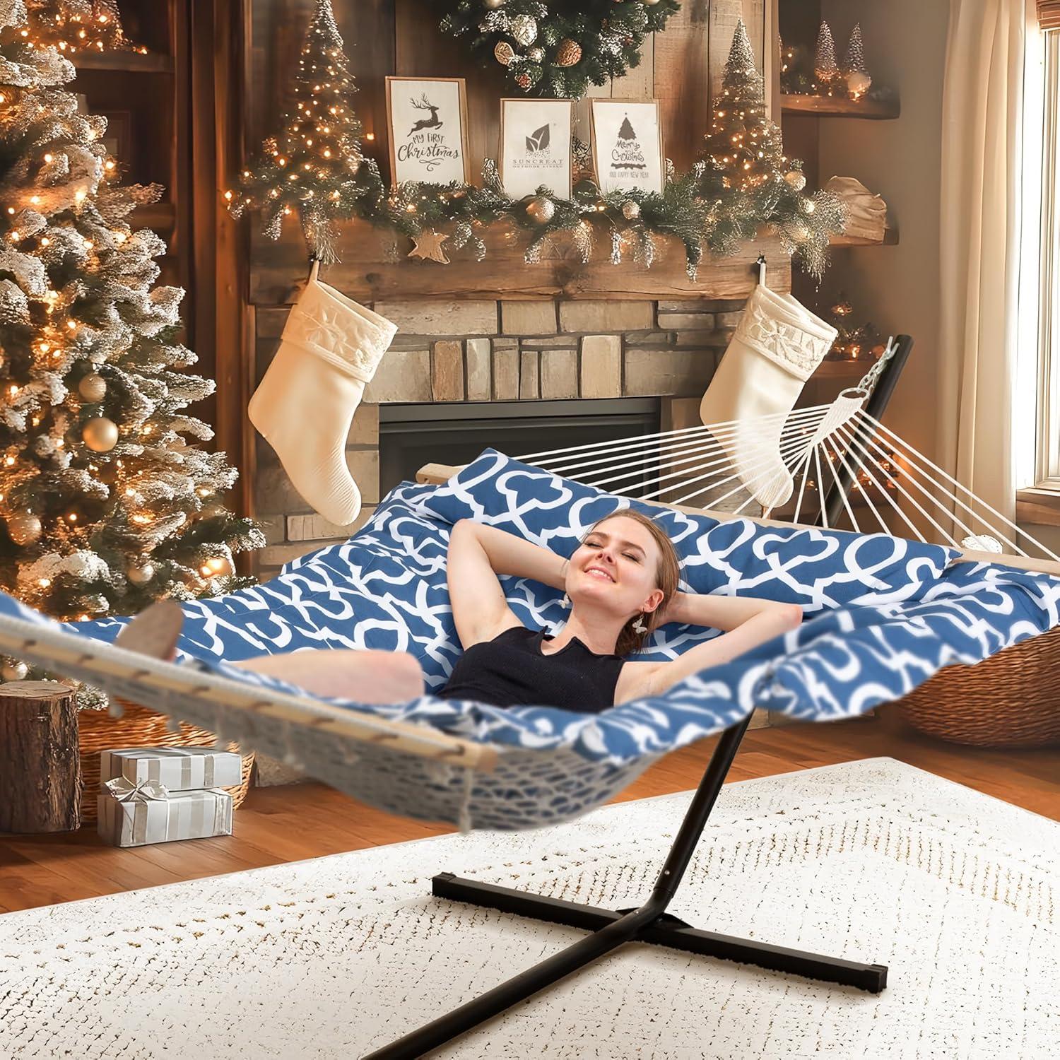 Blue Pattern Double Hammock with Stand and Cushions