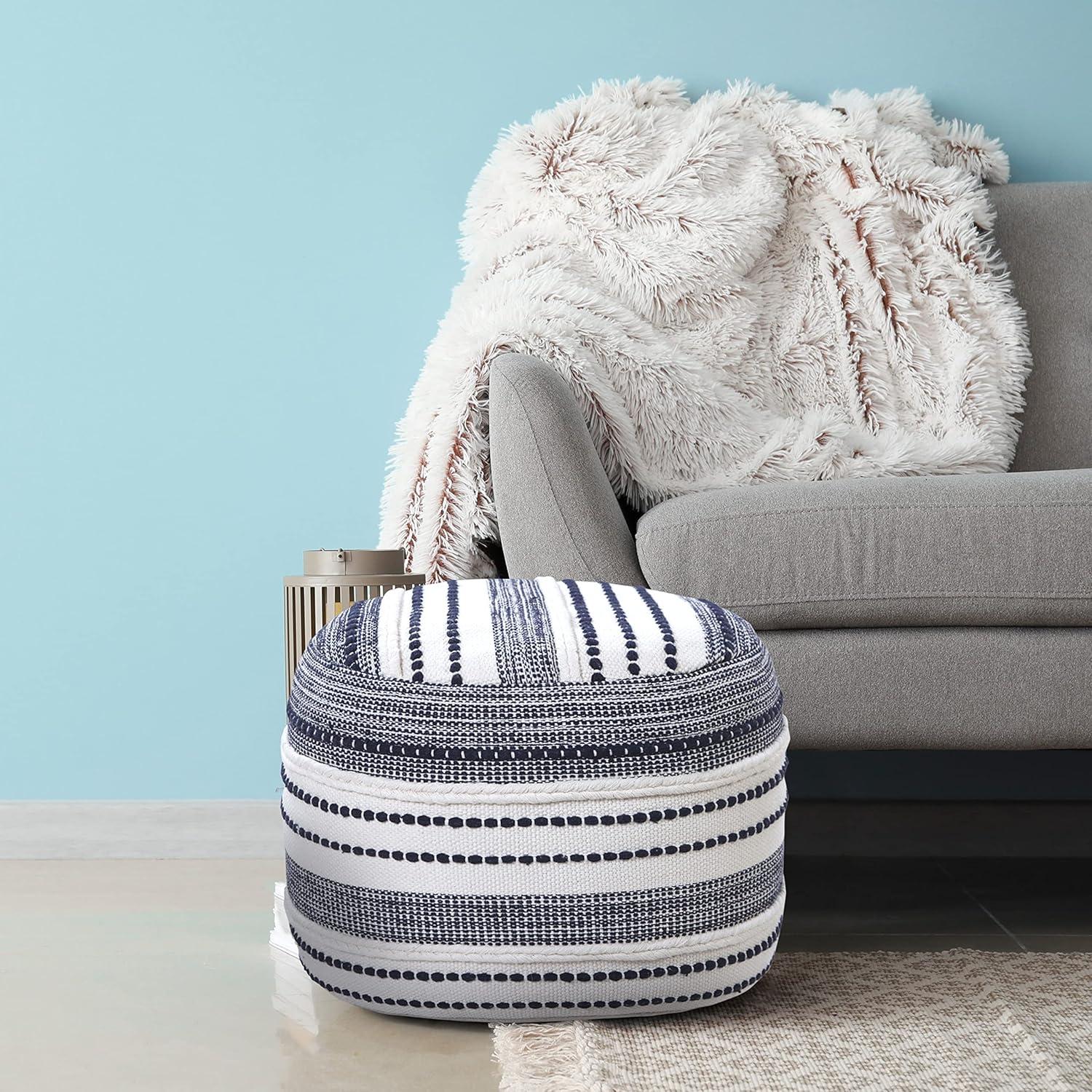 LR Home Small Braided Striped Indoor Round Pouf, Navy/Ivory, 18" x 18" x 14"