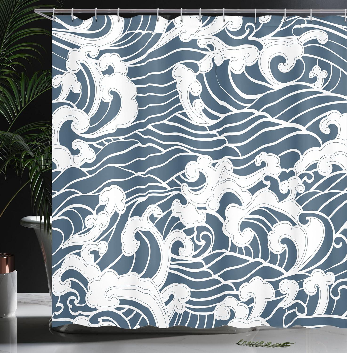 Ambesonne Japanese Wave Shower Curtain, River Storm Retro, 69"Wx70"L, Slate Blue White