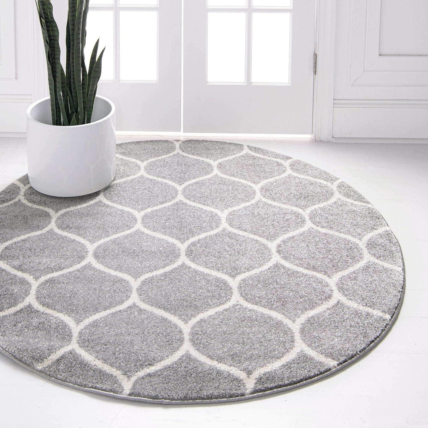 7' Round Light Gray/Ivory Trellis Synthetic Area Rug