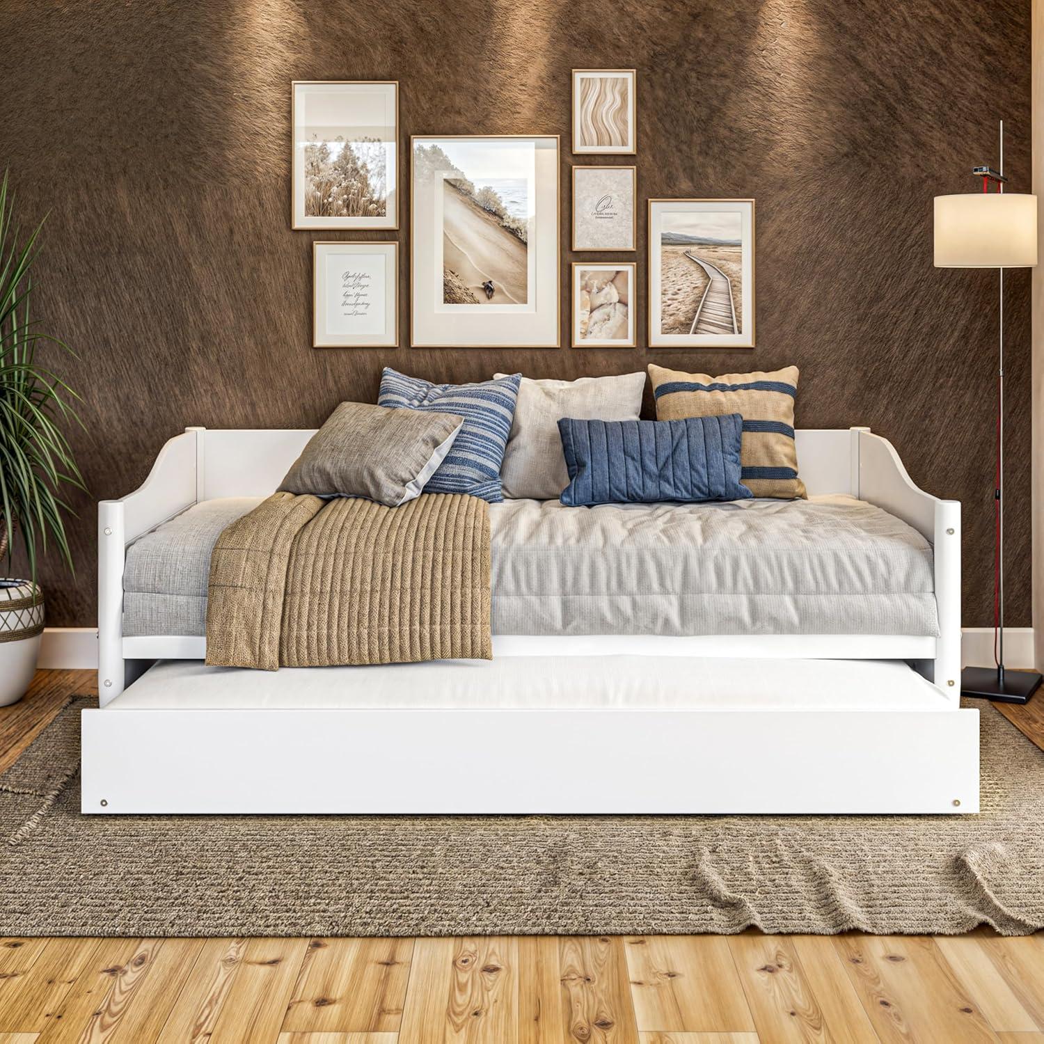 Mid Century Classic Twin Size Day Bed with Trundle White Finish