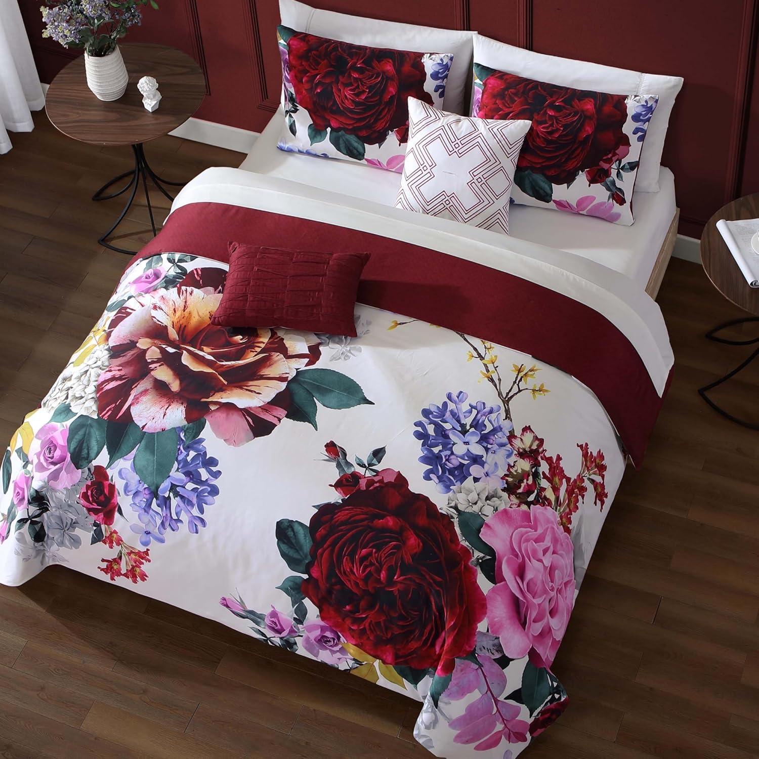 BeBeJan Bebejan Magenta Floral 100% Cotton Sateen 5 Piece Reversible Comforter Set