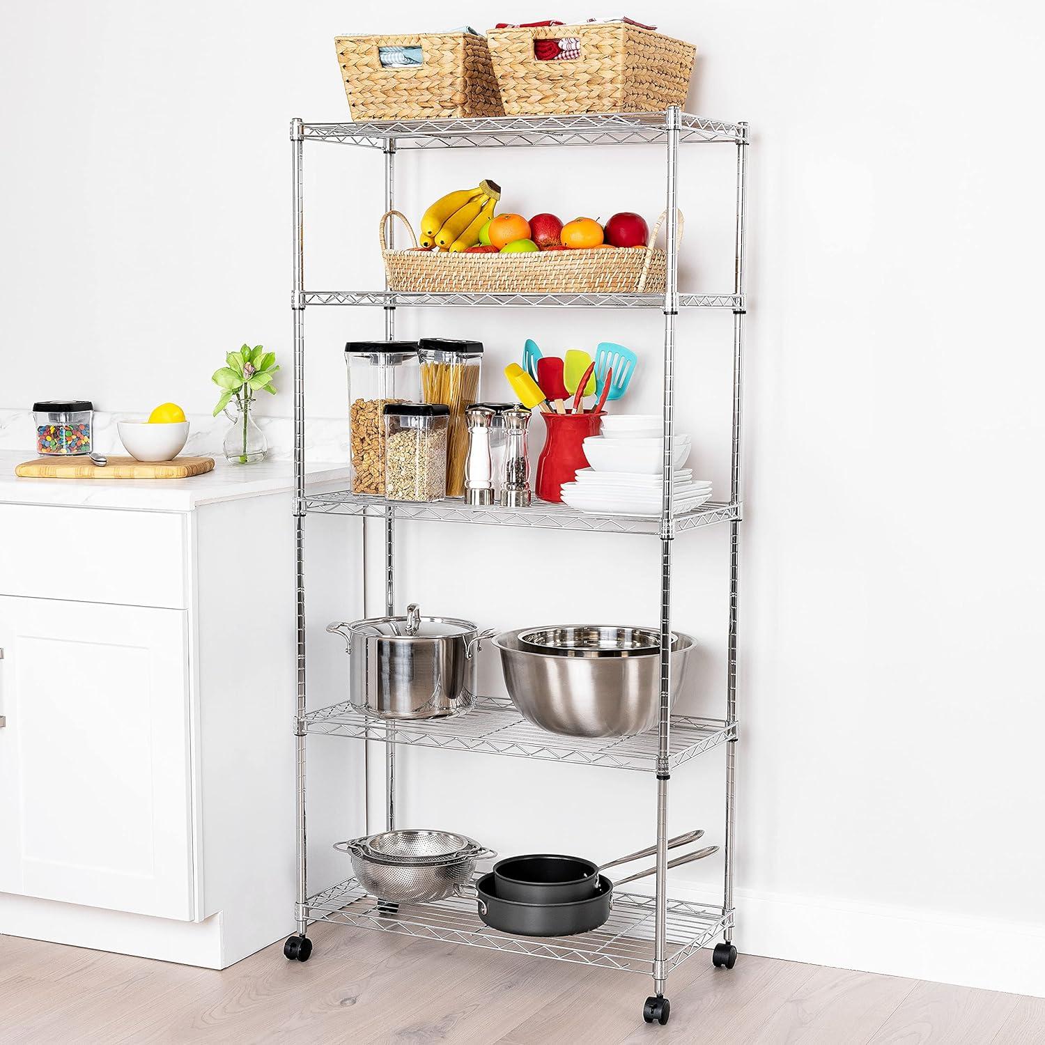 Seville Classics 5-Tier Steel Wire Shelving with Wheels, 30" W x 14" D x 60" H, Chrome Plated