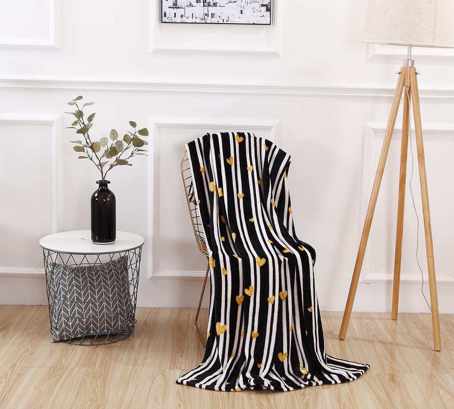 Golden Heart Black and White Striped Fleece Throw Blanket 50 x 60 Inch