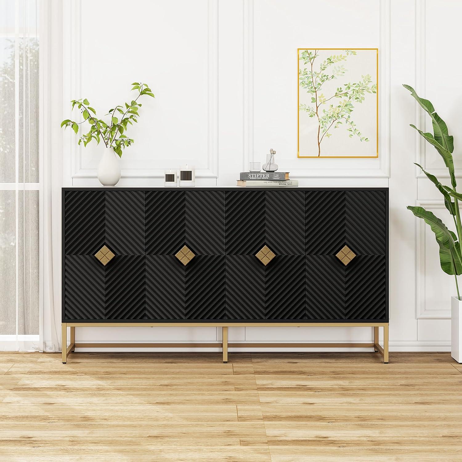 Black Wood 4-Door Sideboard with Gold Metal Legs