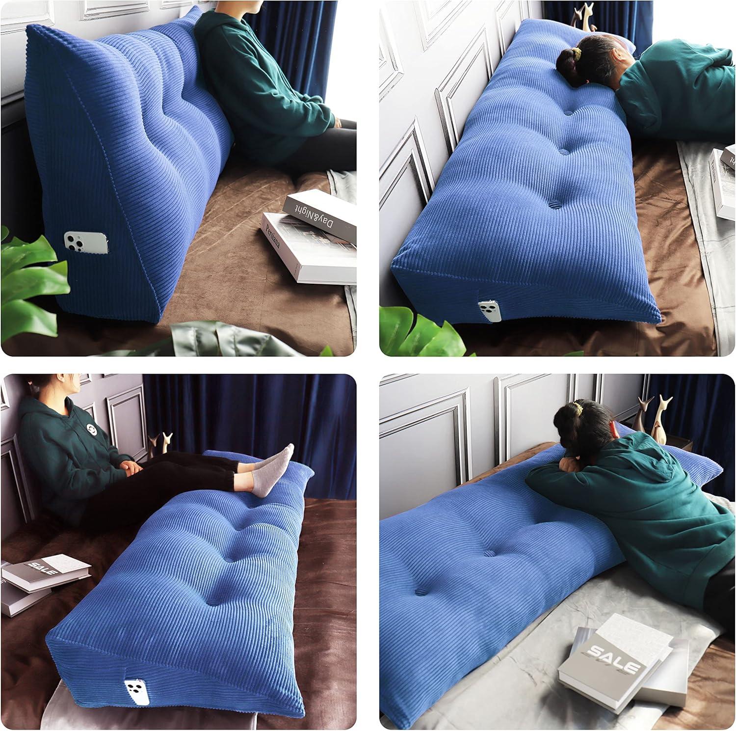 WOWMAX Triangular Reading Pillow Large Bolster Headboard Backrest Positioning Support Wedge Pillow for Day Bed Bunk Bed with Removable Cover, Corduroy Jean Blue California King