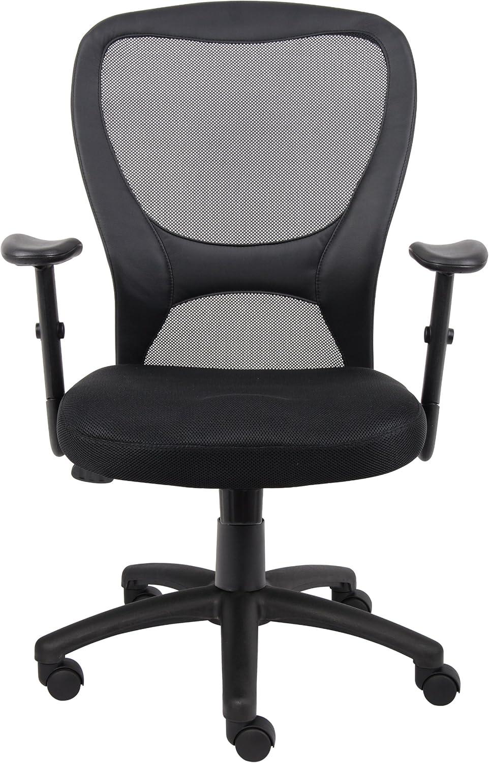 Mesh Task Chair with Adjustable Arms Black - Boss Office Products: Swivel, Ergonomic, Nylon Base