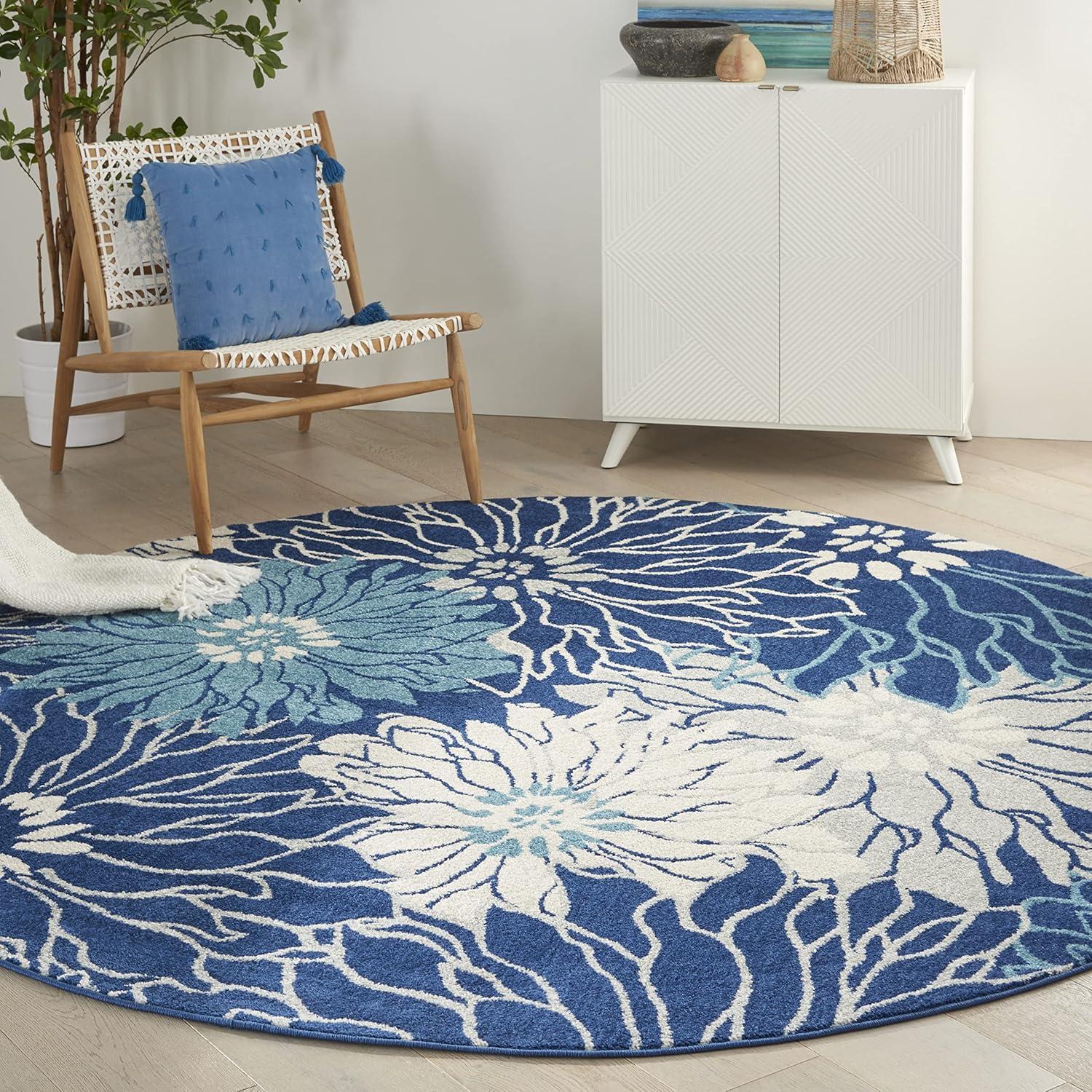 Navy and Ivory Round Floral Synthetic Area Rug, 8 ft