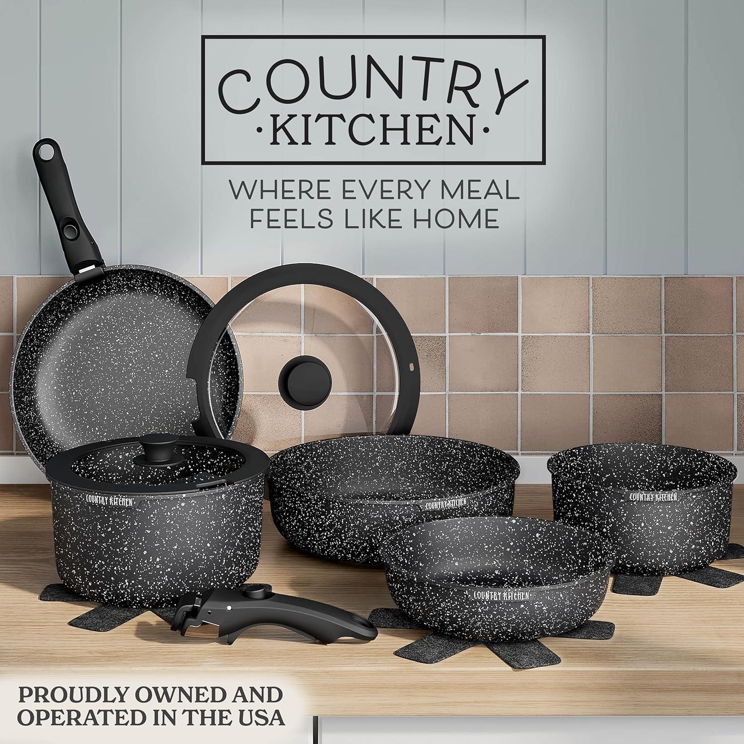 Country Kitchen 13-Pc Pots and Pans Set with Removable Handles Nonstick Cookware Set, Black