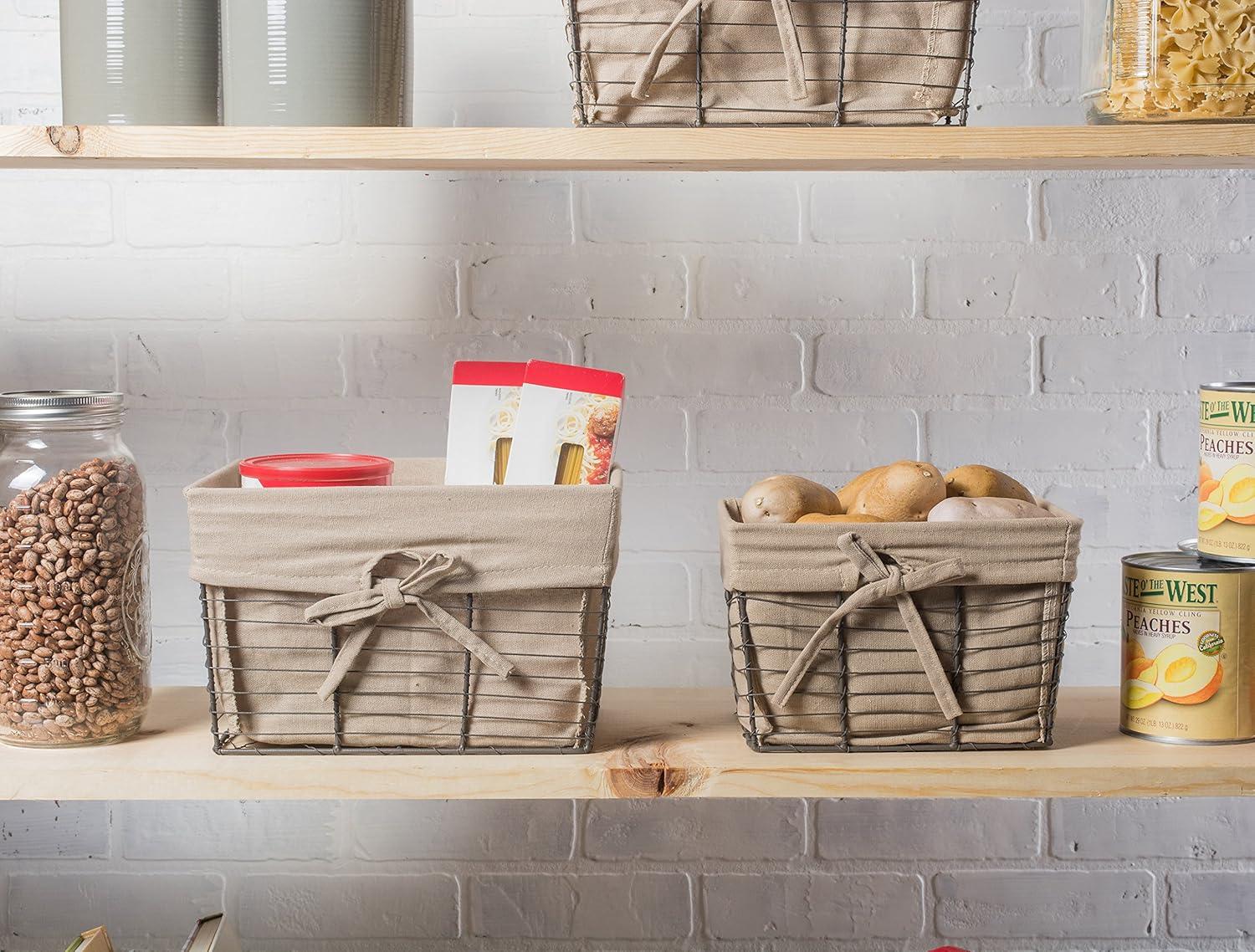 Vintage Taupe Rectangular Chicken Wire Storage Baskets with Washable Liner, Set of 2