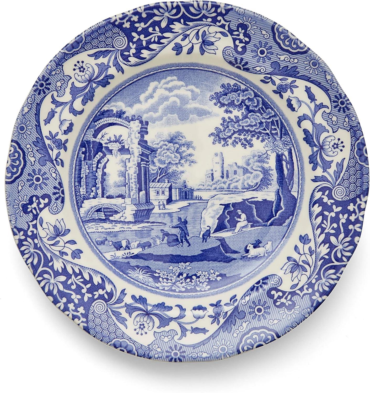 Blue Italian 12-Piece Porcelain Dinnerware Set with Scenic Design