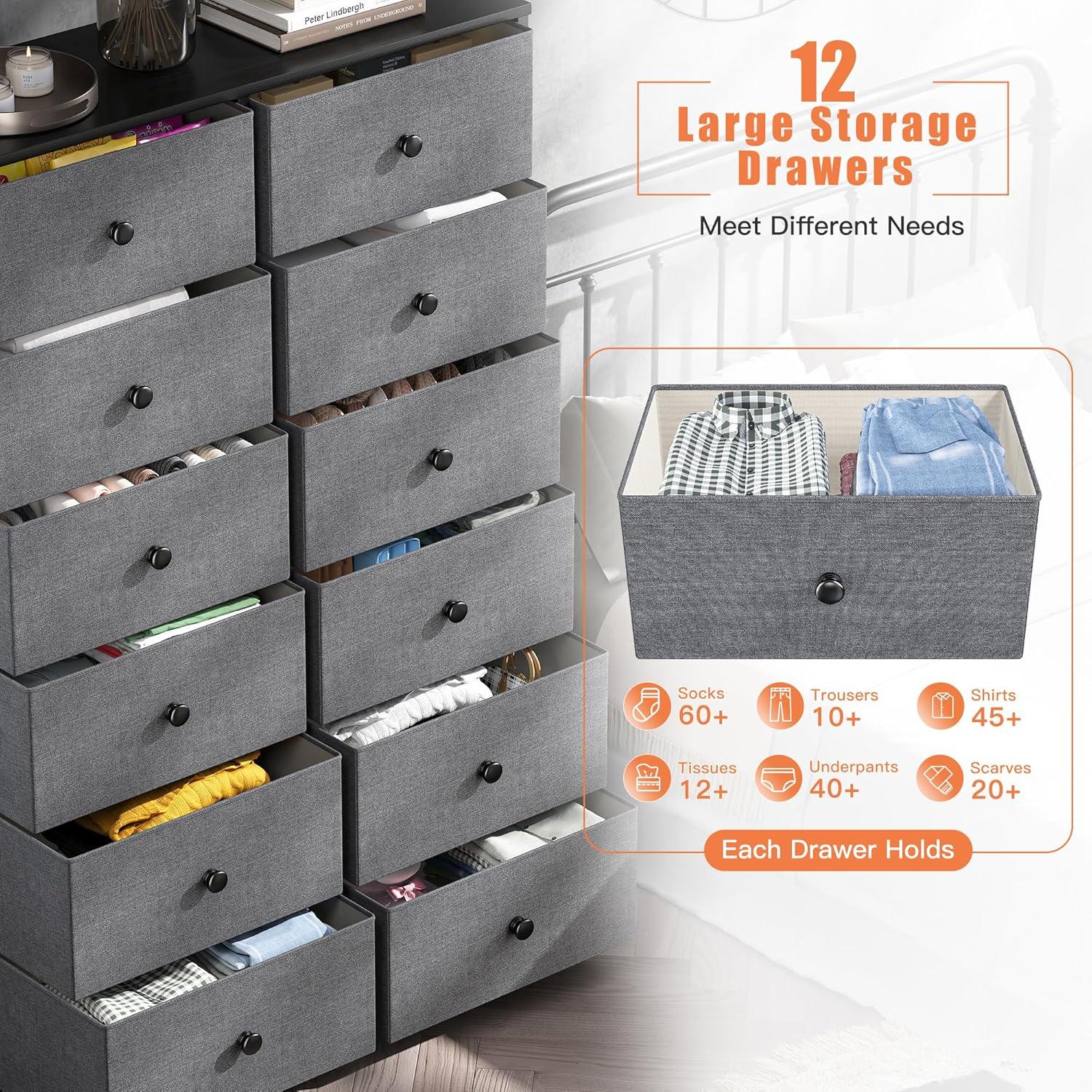 TiaGOC Dresser for Bedroom with 12 Drawers, Large Tall Dressers for Bedroom with Wooden Top and Metal Frame, Bedroom Dresser Dressers & Chests of Drawers Clearance, 40.6" W x 11.8" D x 43.7" H, Gray