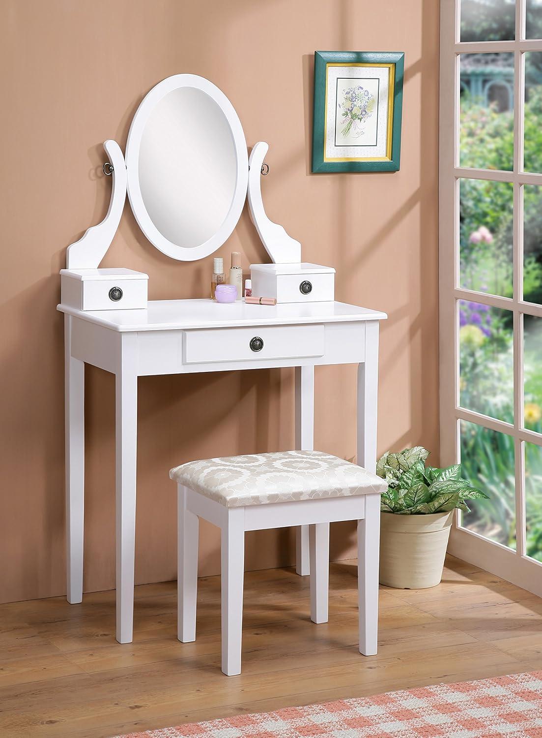 Roundhill Furniture Moniya Wood Vanity Table and Stool Set, White