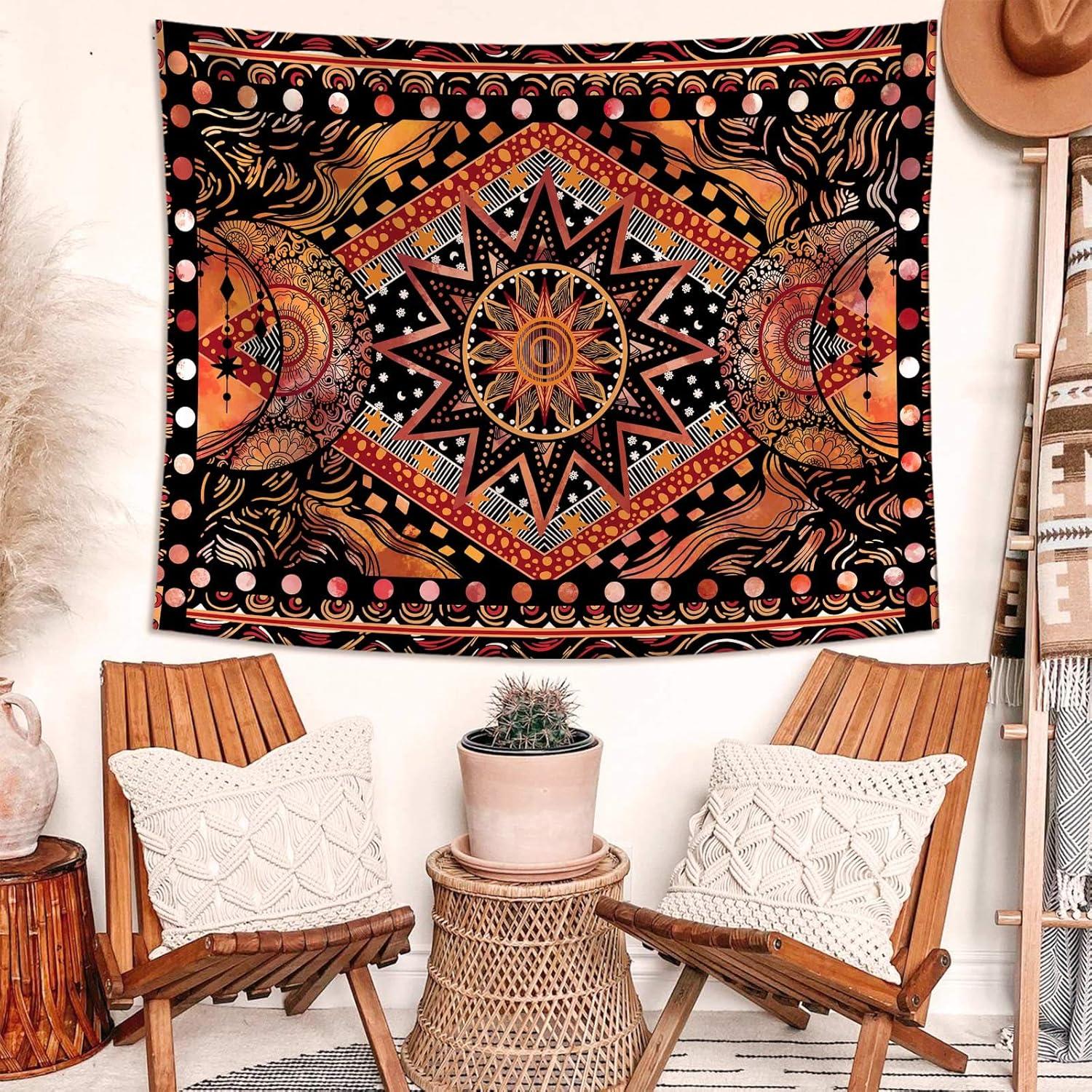 Orange Sun and Moon Tapestry Wall Hanging, Indie Hippie Mandala Cool Wall Tapestries, Aesthetic Tapestry for Bedroom Living Room Dorm (Orange, 60'''' × 80'''')