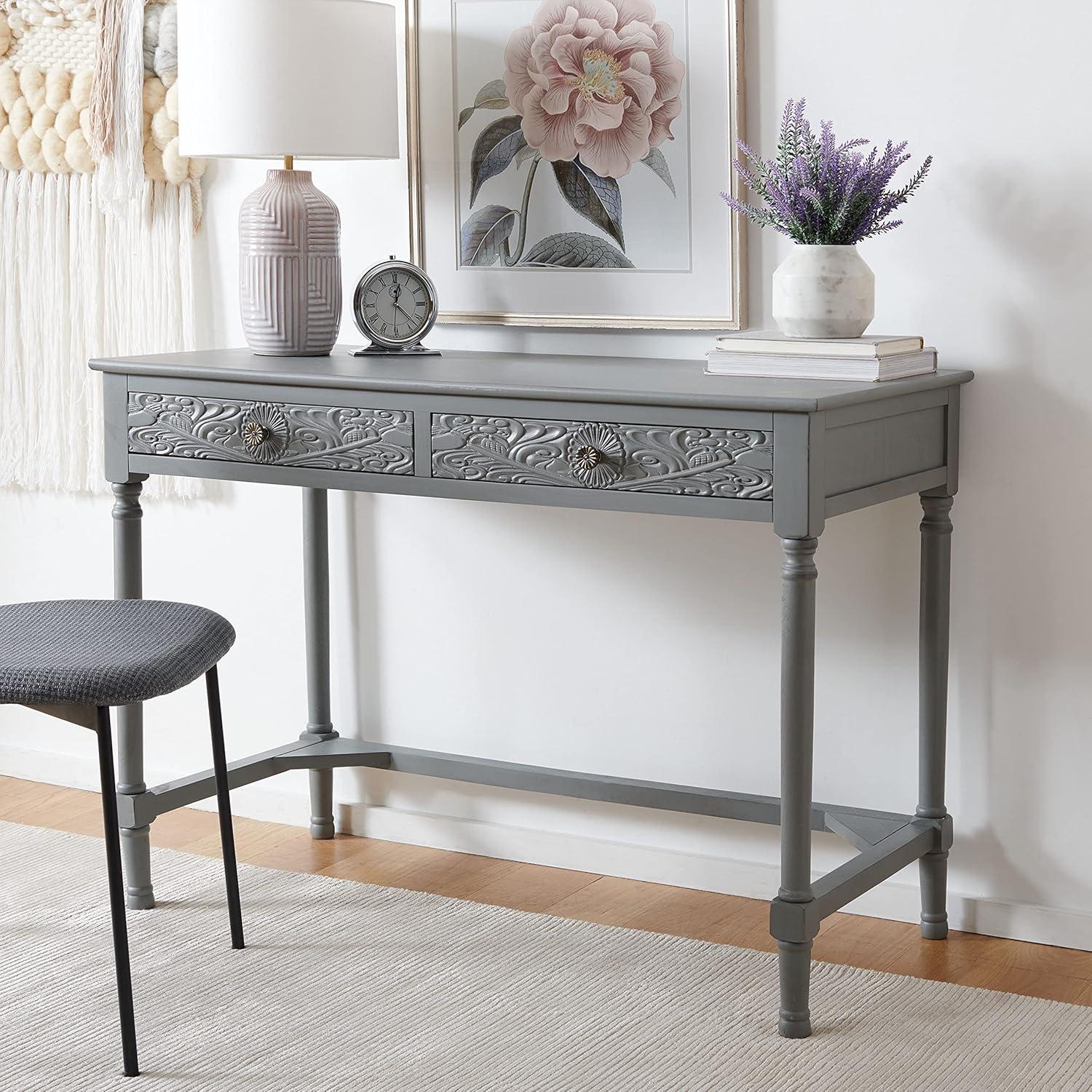 Josie Artisan Carved Floral 46" Wood Desk with Drawers in Distressed Grey