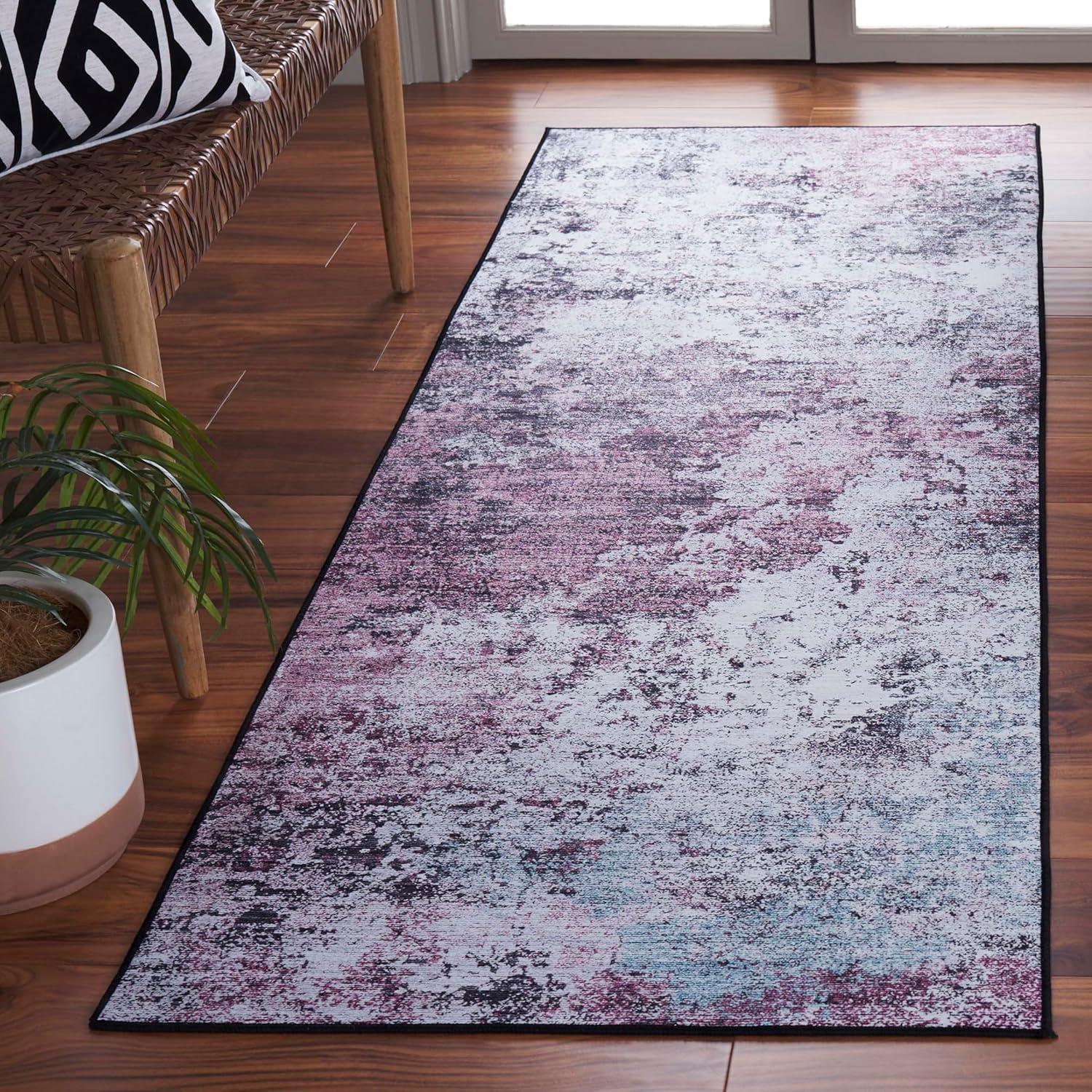 Plum and Black Abstract Washable Synthetic Area Rug