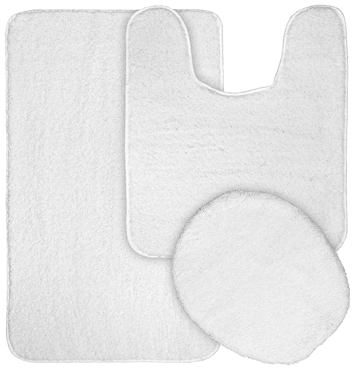 Garland Rug Gramercy Washable Bath Rug Set, 3 Piece (20"x34", Contour Rug, & Toilet Lid) White