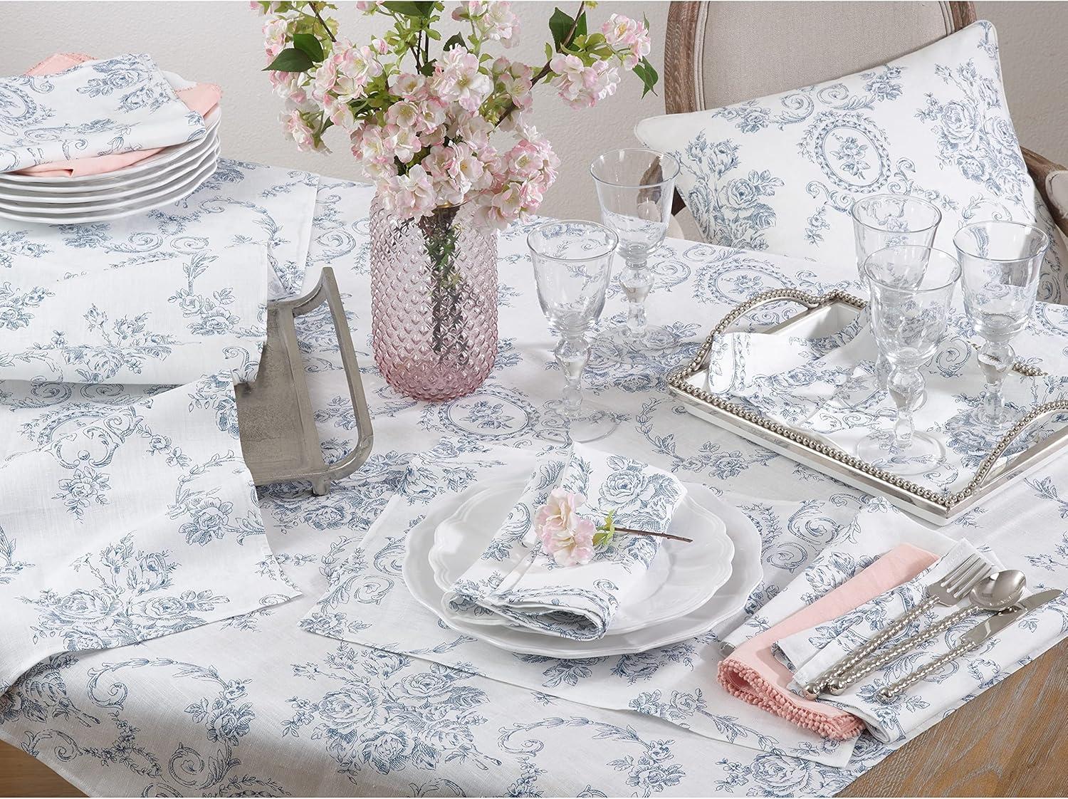 Indigo Floral Linen Table Runner with Toile Design