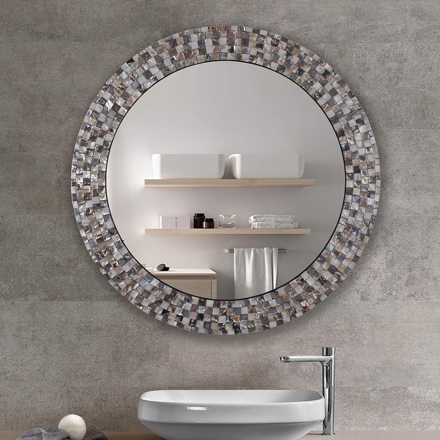 Chloe Lighting Reflection Vertical Hanging Seashell Finish Round Framed Wall Mirror 30`` Height
