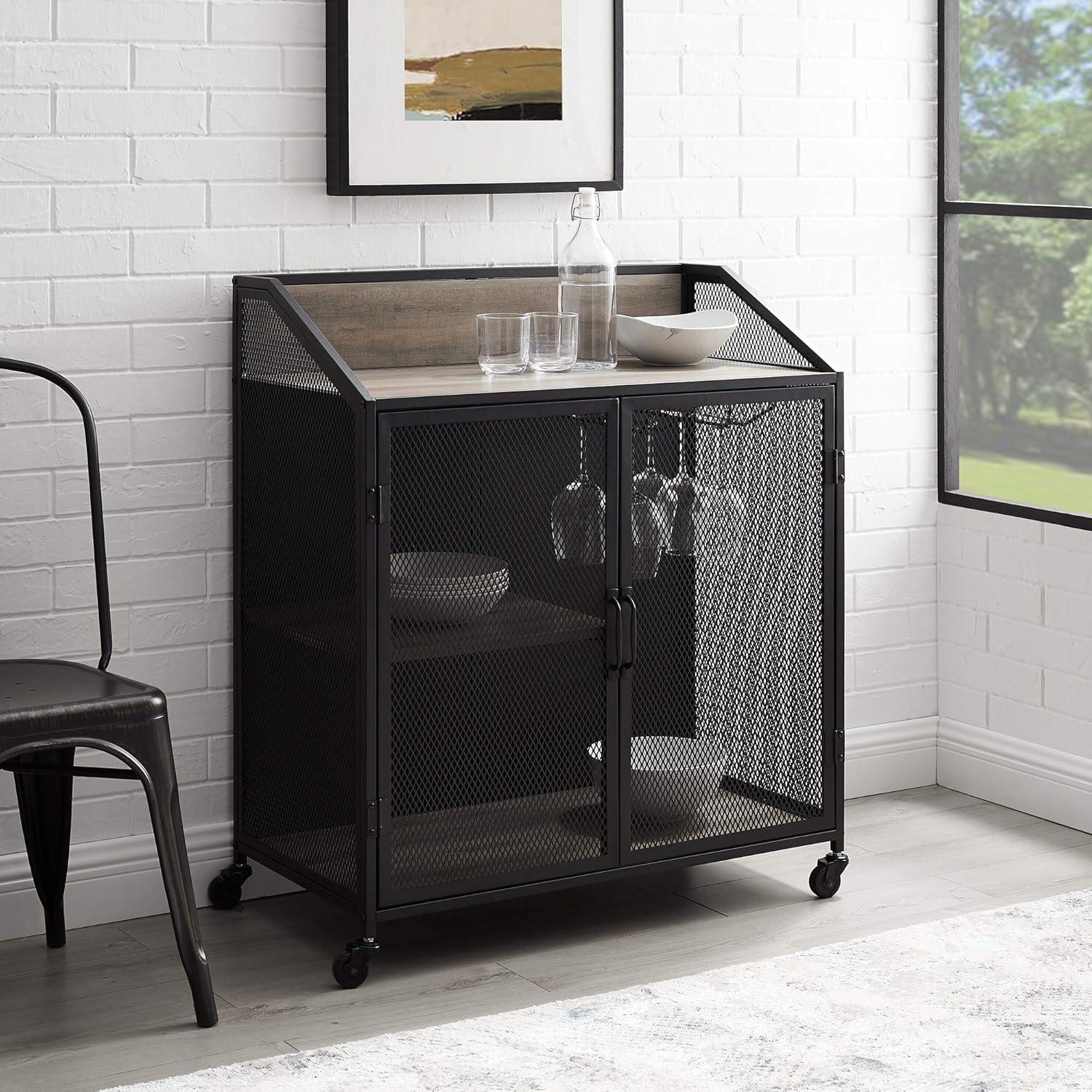 Urban Industrial Grey Wash Metal Mesh Rolling Bar Cabinet