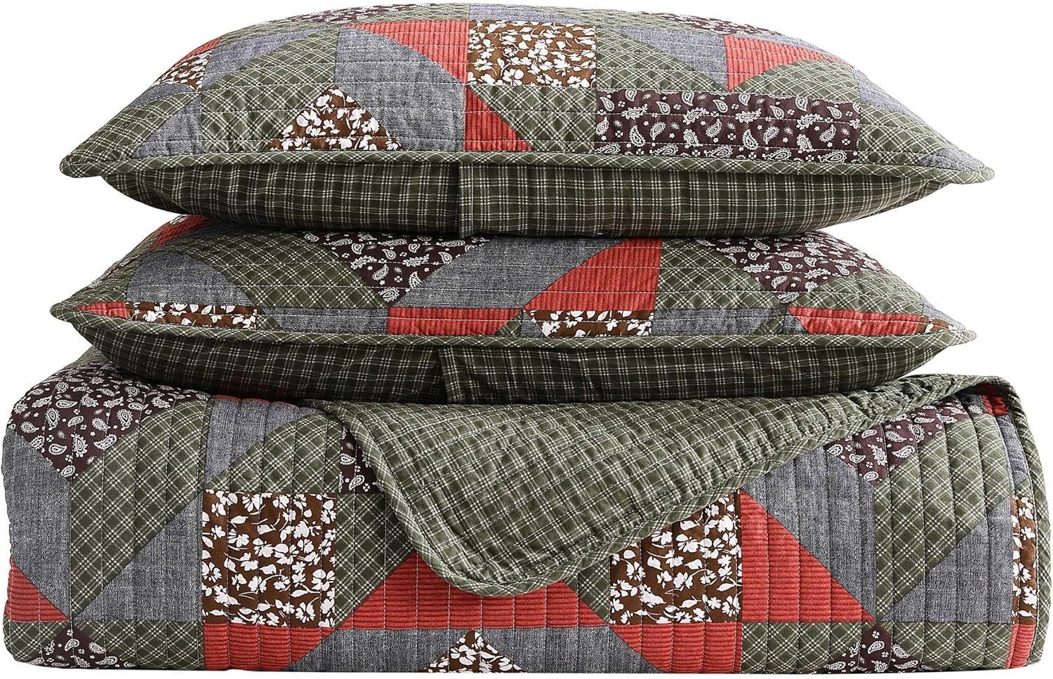 Eddie Bauer Block Patchwork Cotton Reversible Green Quilt Set